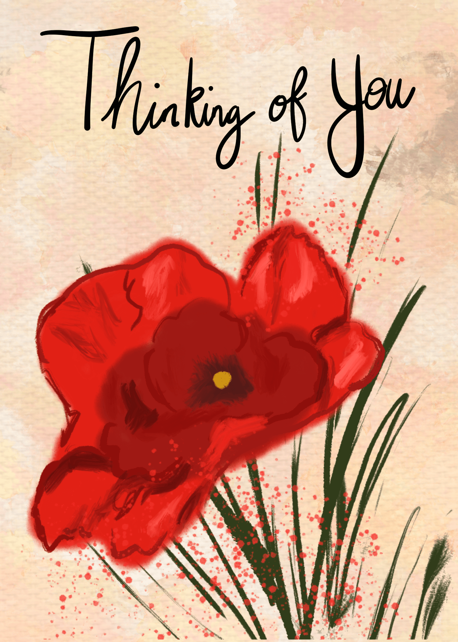 Thinking of you  Lettering with watercolor poppy in full bloom with leaves and watercolor splashes. This bright design would be perfect for a greeting card company. Open for licensing