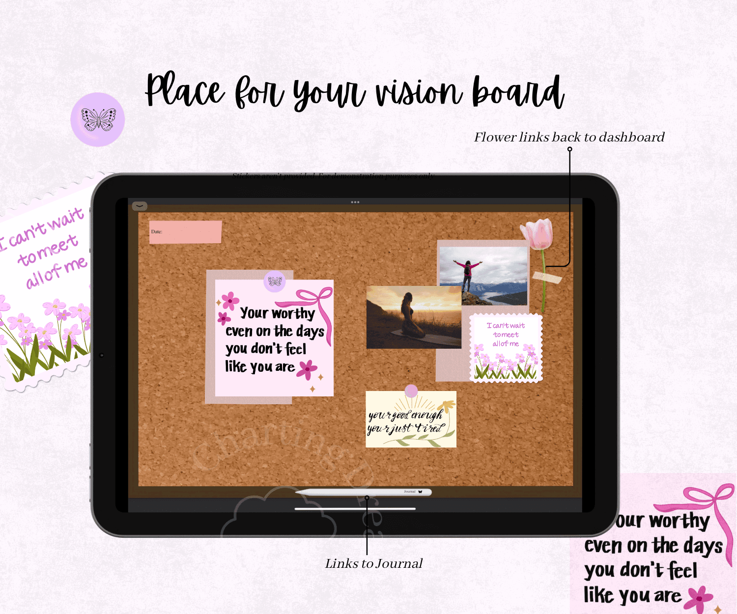 Template for GoodNotes displayed on an iPad with a customizable corkboard layout for vision boards
