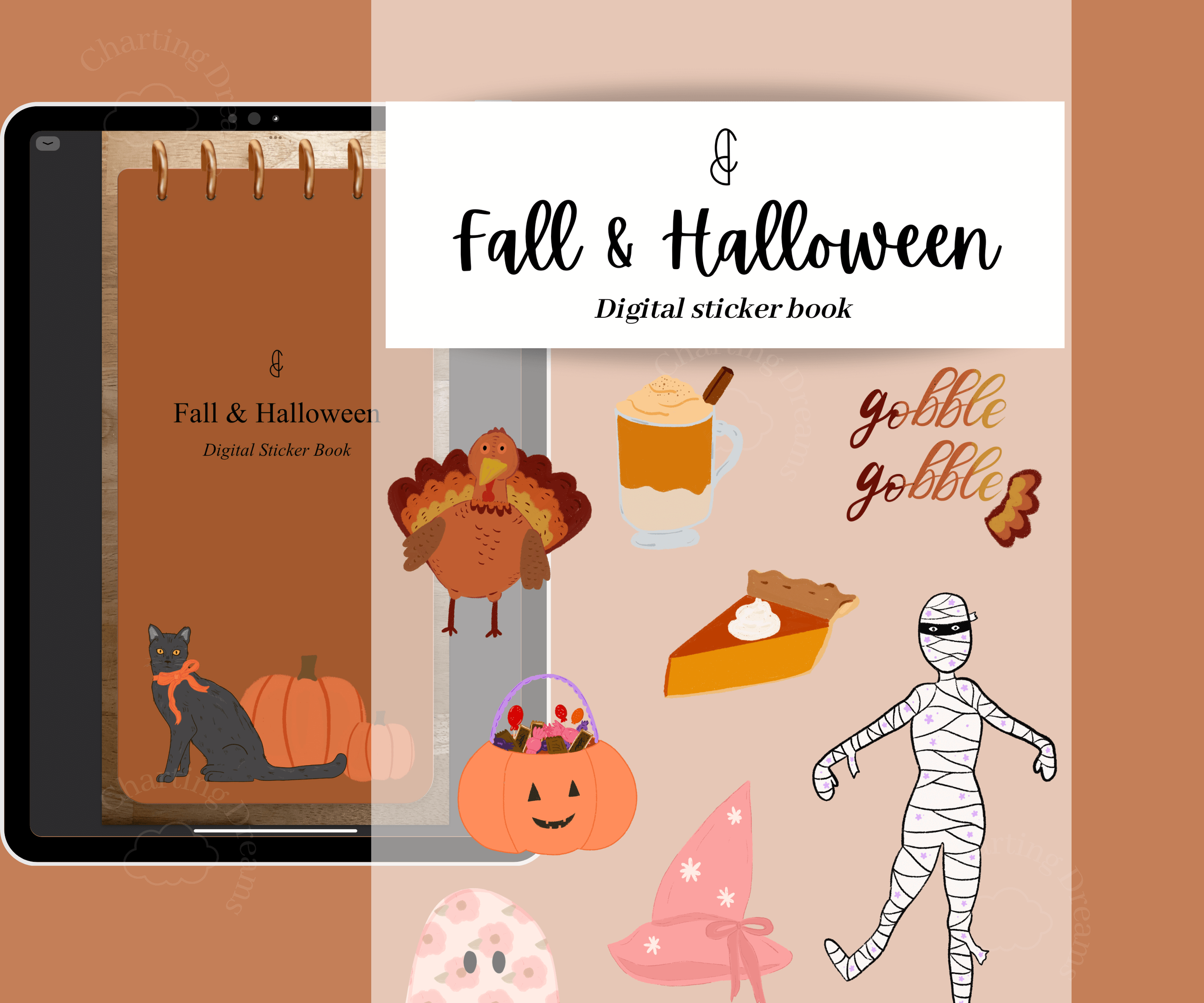 Fall and Halloween stickers for digital planning including turkey, leaves, pumpkins and ghosts clipart