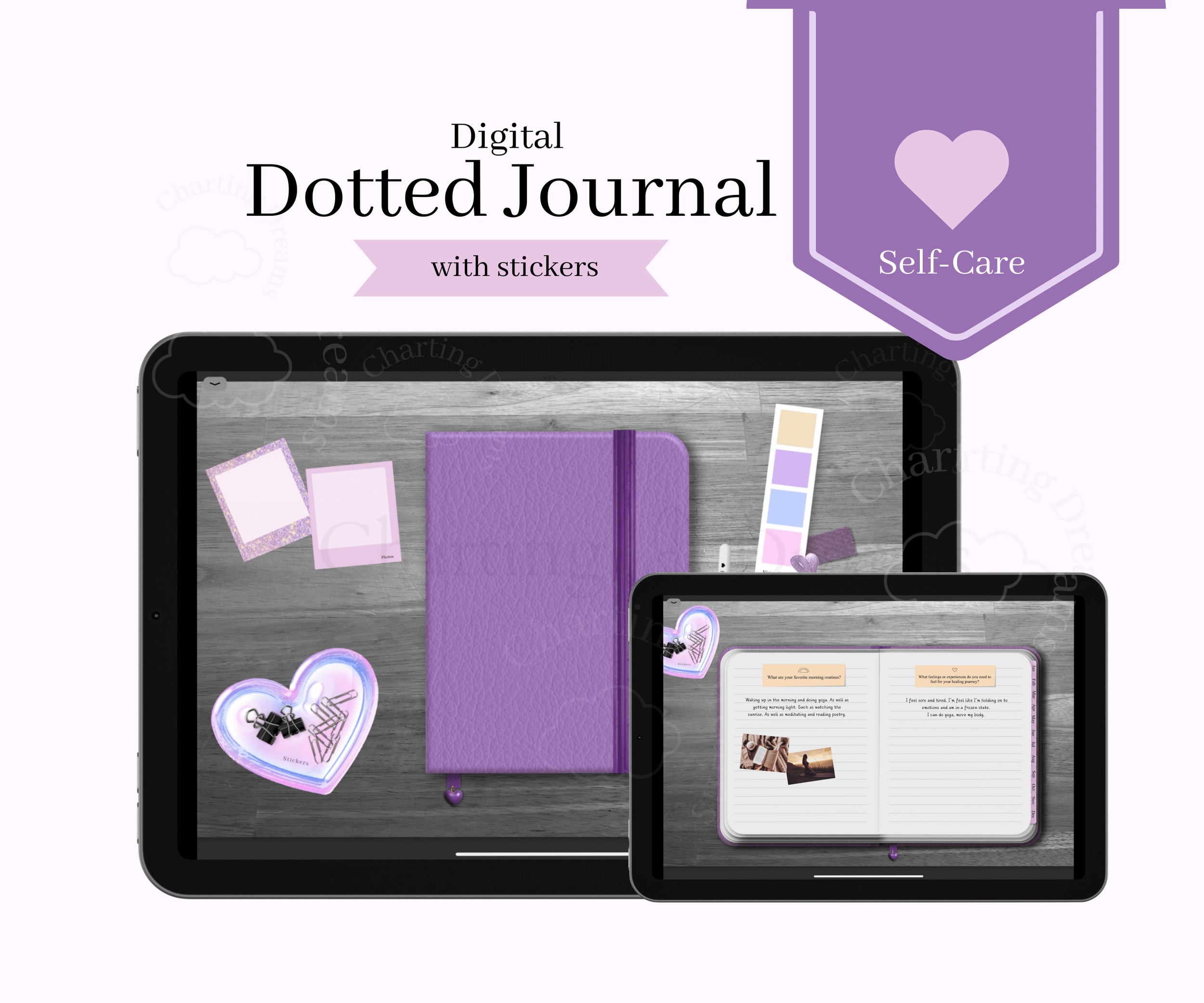 Self-Care Journal 5 in one with notes sections, photo collage, monthly bullet journal sections vision board, and journal. Adjorned with pink and purple tones