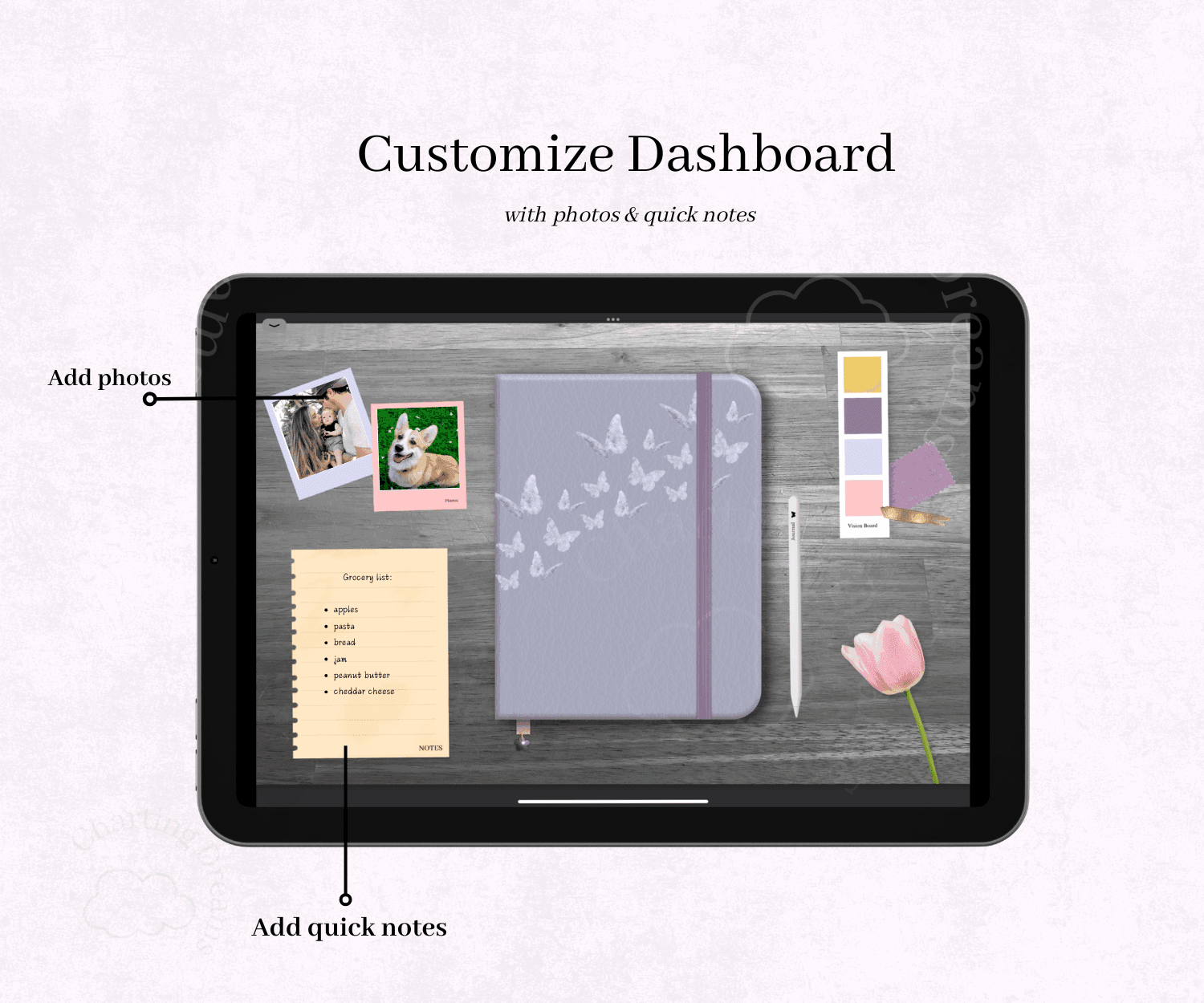 A close-up view of the customizable dashboard template in GoodNotes showing how to personalize layout elements and digital stickers.