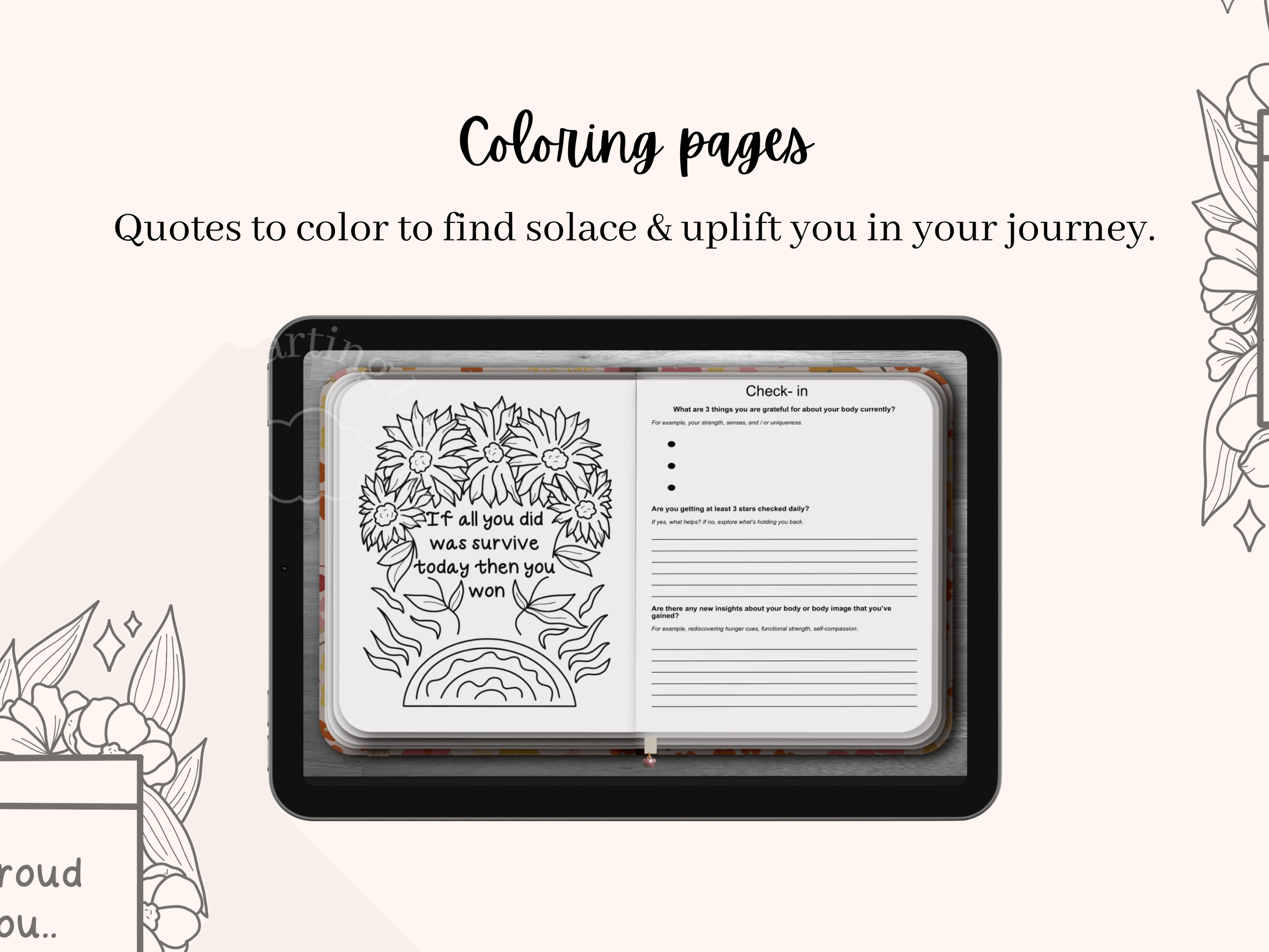 Mindful eating and body positivity journal with prompts and coloring pages