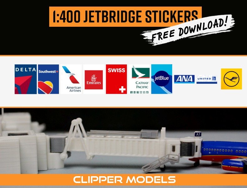 Upgrade your 1:400 model airport with our FREE Jetbridge Stickers – featuring realistic airline logos for that perfect terminal look. Just download, print, and stick. No cost, all detail.
Visit clippermodels.com/decals to grab yours now!
#mod