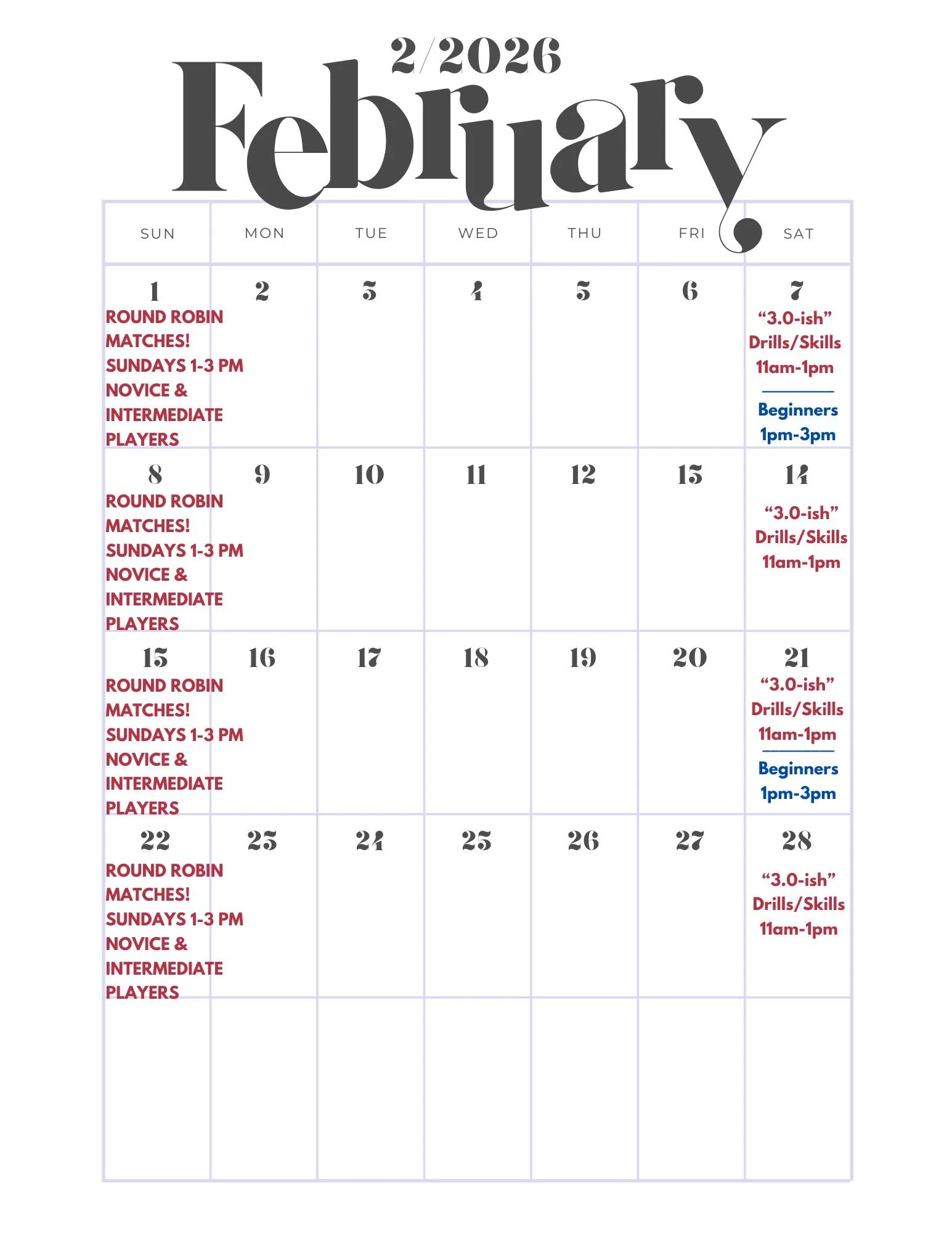 February Pickleball Clinic schedule, Marin County, San Rafael, CA.