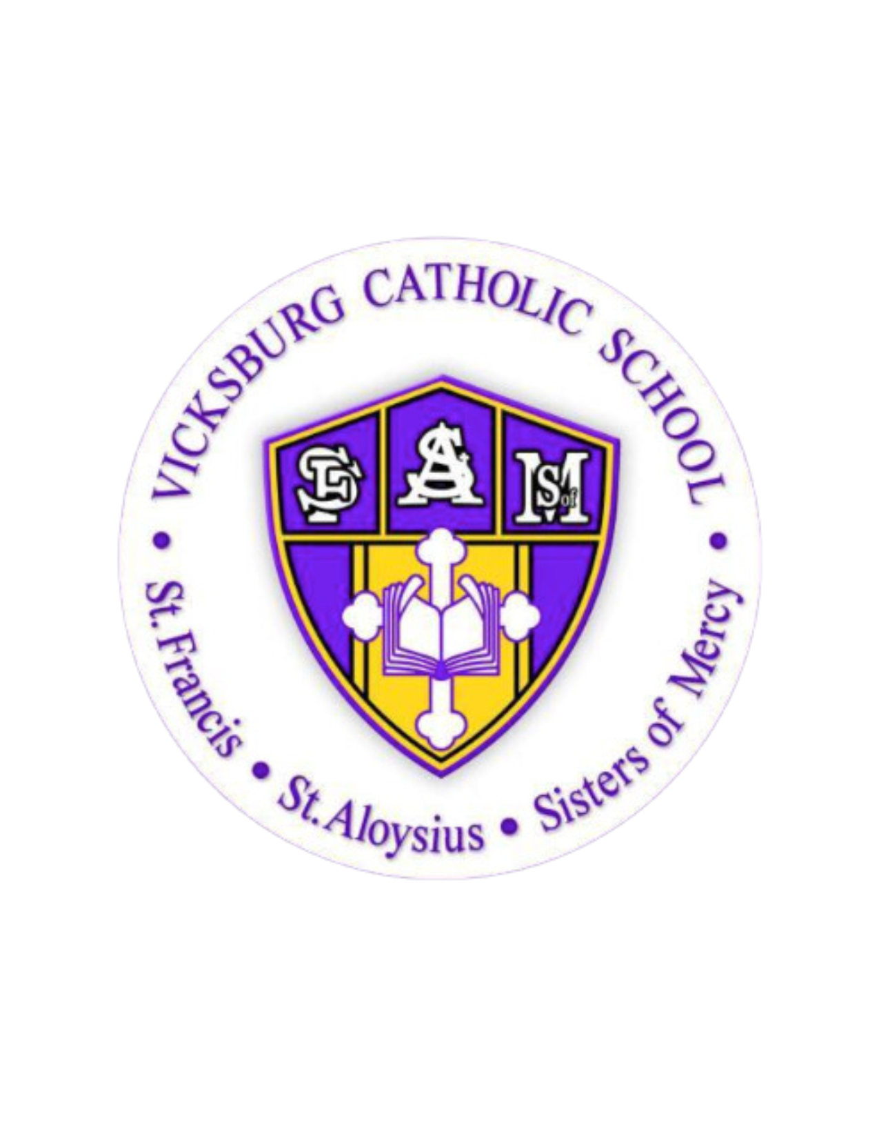 Vicksburg Catholic School emblem with purple and yellow shield, open book, and crest, encircled by the school's name and affiliated organizations