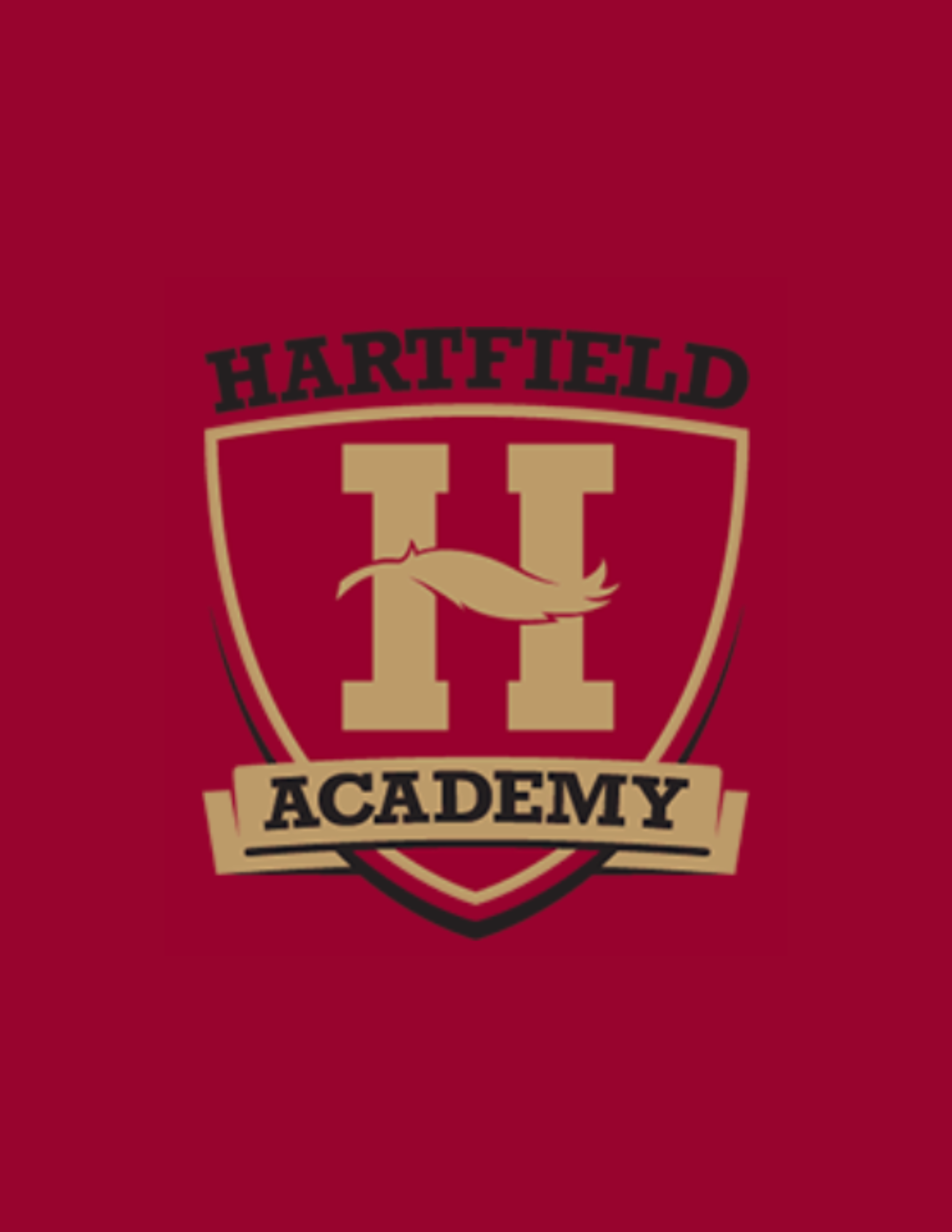Logo of Hartfield Academy with a large gold letter H, a black mustache, and the words 'Hartfield Academy' on a shield on a red background.
