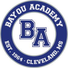 Logo of Bayou Academy with text 'Bayou Academy, Est. 1964, Cleveland, MS' surrounding a large 'BA' in the center.