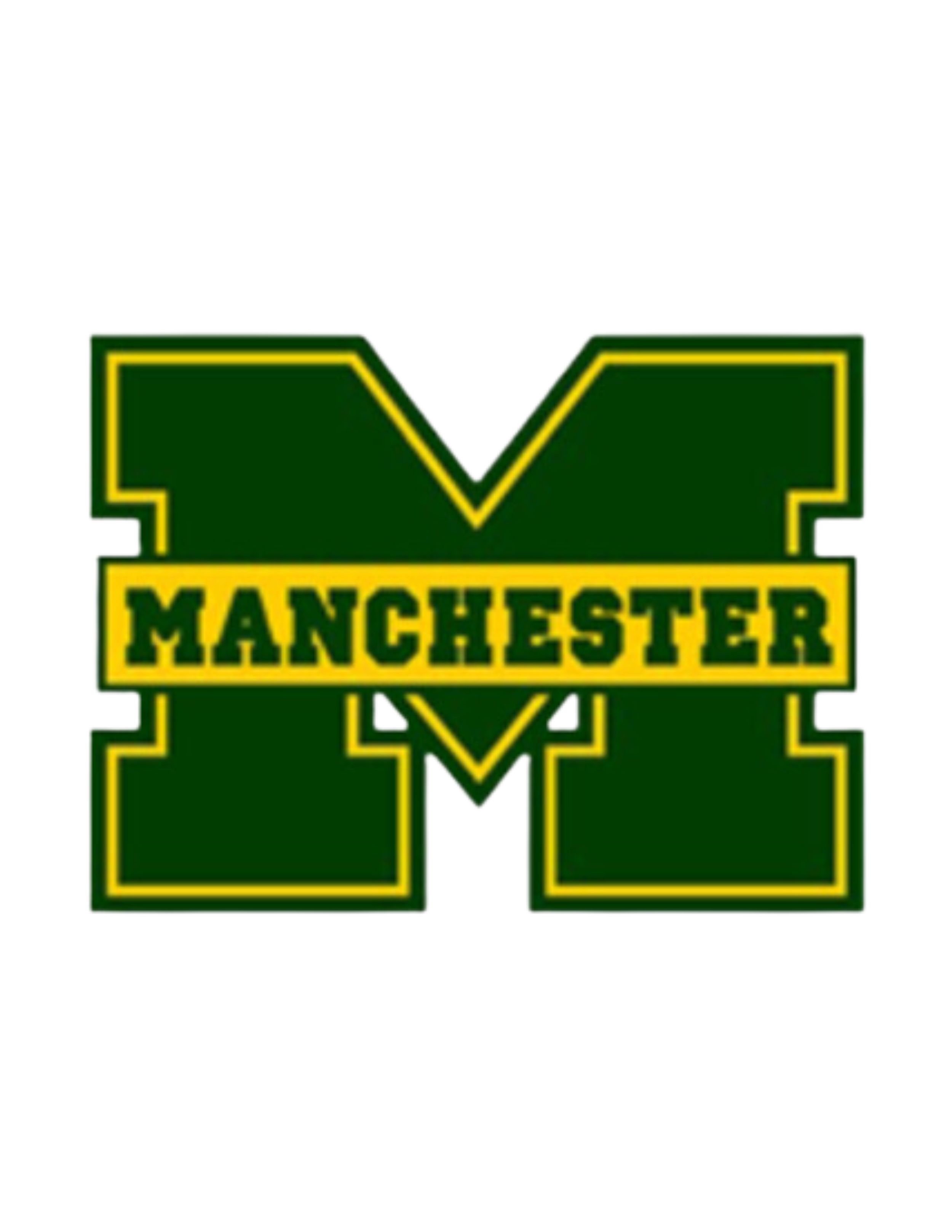 Green mascot letter M with yellow outline, with the word 'Manchester' in yellow and green across the center.
