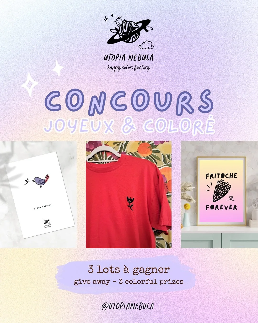 🎉 JEU CONCOURS 🎁 joyeux &amp; color&eacute; 🌈

Aujourd&rsquo;huii c&rsquo;est mon anniversaireeee et pour f&ecirc;ter &ccedil;a, c&rsquo;est vous que je g&acirc;te ! Tente ta chance pour gagner l&rsquo;une de mes cr&eacute;ations 💓

- Un t-shirt 