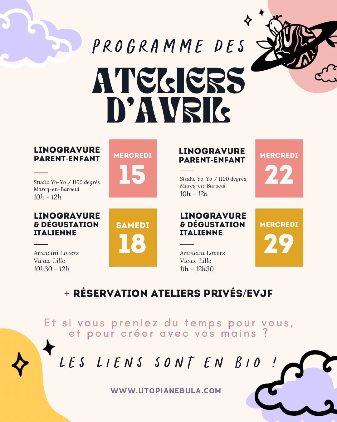 Demandez l&rsquo;programme 🫶 A V R I L  C R &Eacute; A T I F 🌸

Alors, on se retrouve quand ?

Toutes les infos et r&eacute;servation sont disponibles en bio, tu peux aussi commenter ATELIERS 💜
___

🙆&zwj;♀️ Si tu me d&eacute;couvres helloo moi c