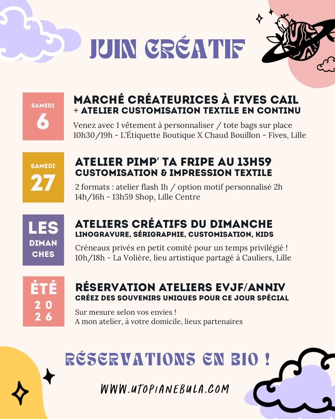 Et si tu (t&rsquo;)offrais une pause cr&eacute;ative ? 🎨🙌💫

Voici le programme de Juin, deux dates nomades avec @letiquette.boutique et le @13h59_shop, mais aussi l&rsquo;ouverture de mes ateliers priv&eacute;s du dimanche ! Car je rejoins un lieu