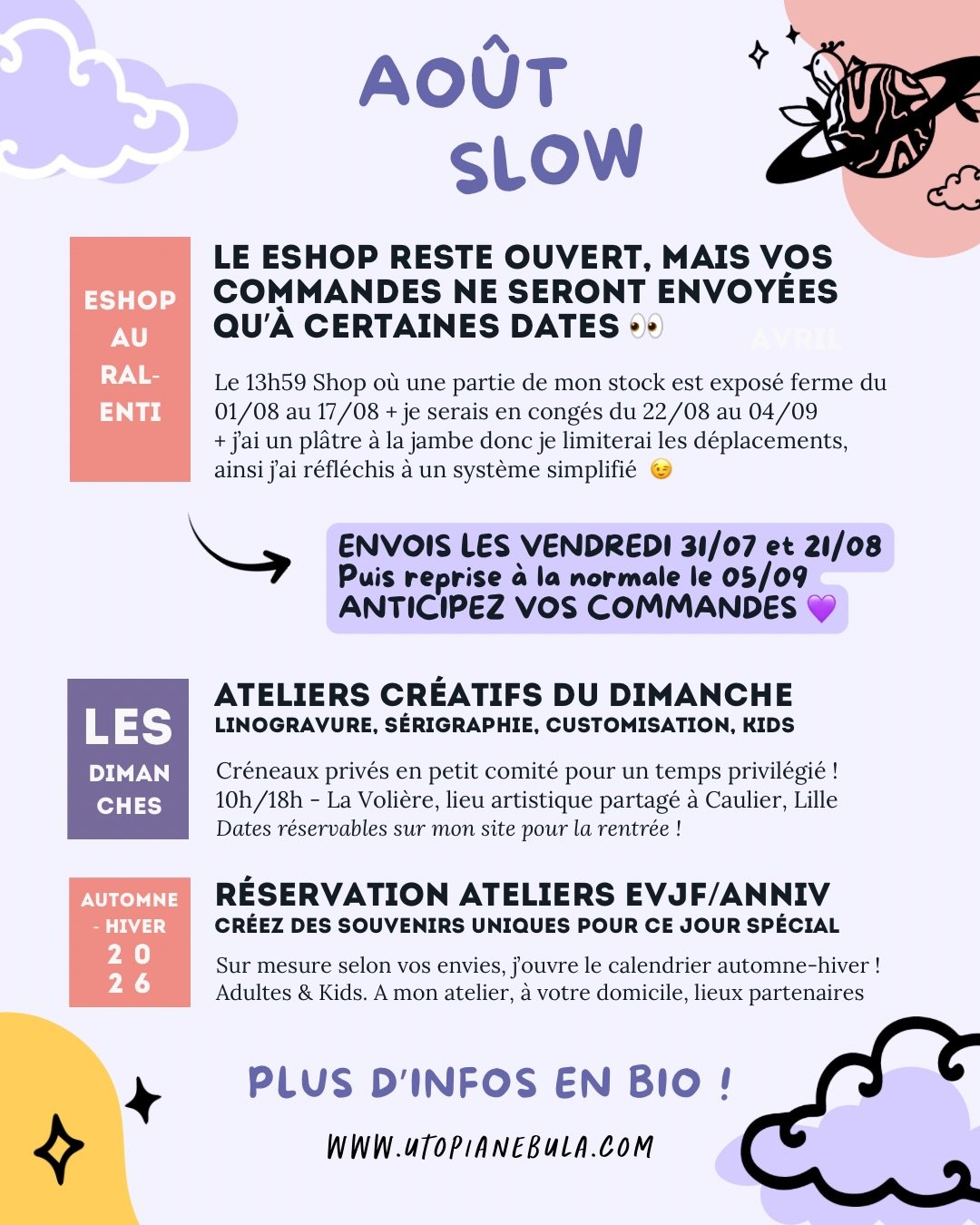 Aout au ralenti 💜 Je ne pars en vacances que fin ao&ucirc;t, mais j&rsquo;ai eu quelques m&eacute;saventures, ainsi le eshop reste ouvert mais les envois seront diff&eacute;r&eacute;s ! 

Prenez note : 
📦 Commandes pass&eacute;es en juillet 👉 envo