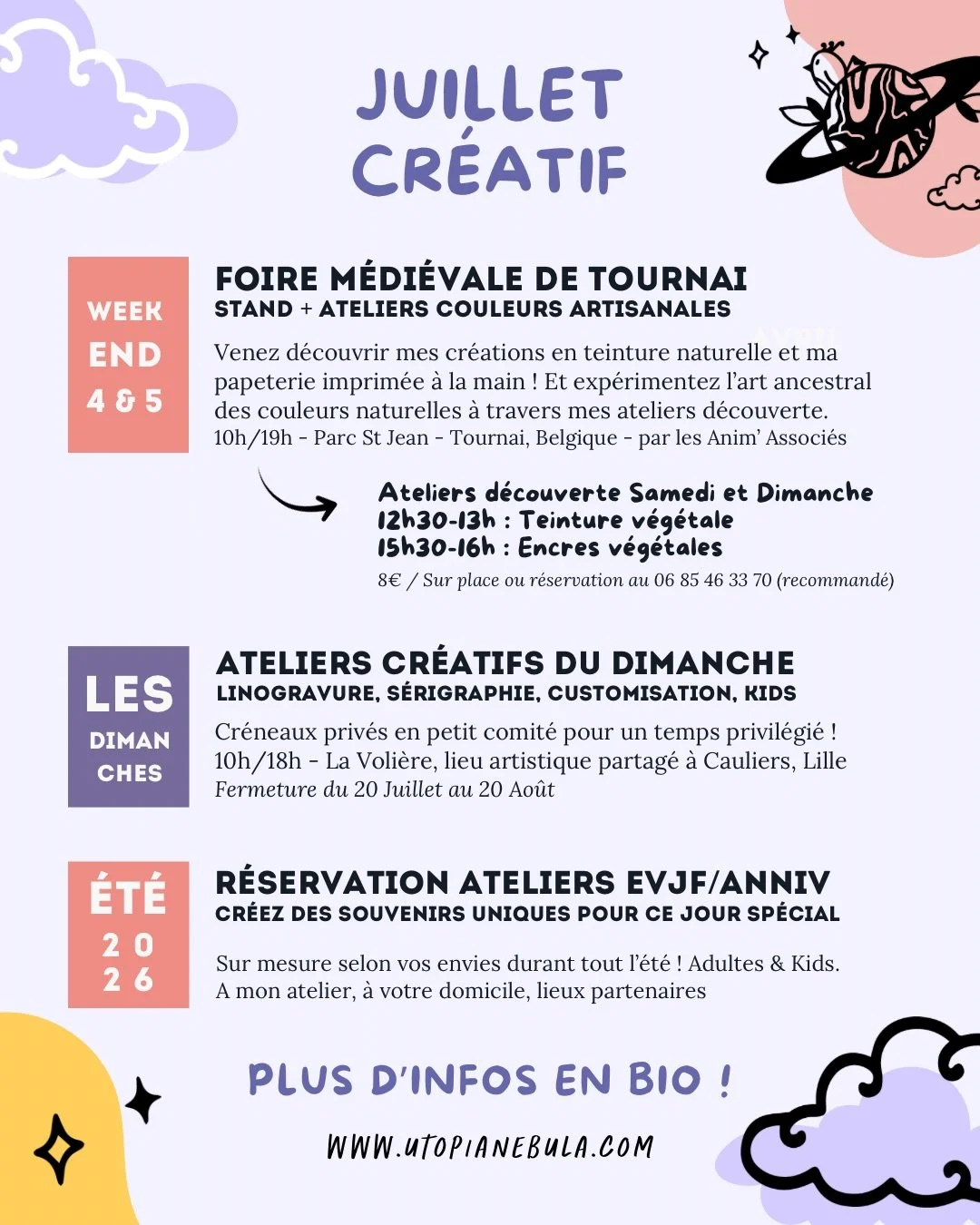 Juillet cr&eacute;atif 🎨💫 je vous donne rdv ce week end &agrave; Tournai pour un programme haut en couleurs (v&eacute;g&eacute;tales !) et tout l&rsquo;&eacute;t&eacute; &agrave; Lille &amp; aux alentours pour vous transmettre la joie de cr&eacute;