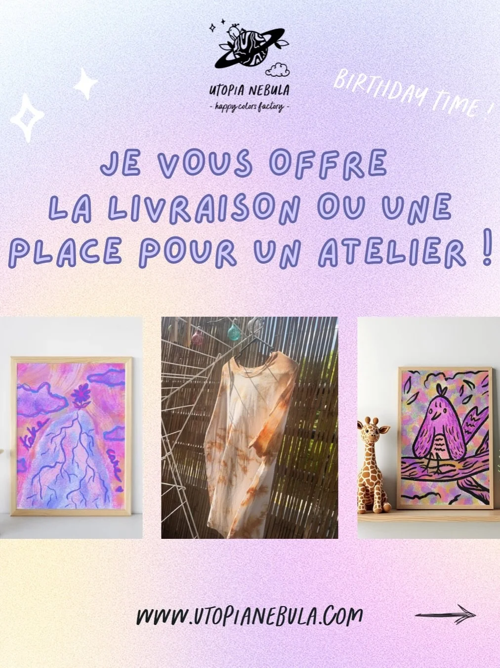 Pour mon anniversaire, c&rsquo;est vous que j&rsquo;ai d&eacute;cid&eacute; de g&acirc;ter !! Pendant 10 jours, la livraison est offerte des 20 &euro; d&rsquo;achat sur mon site ! Et pour l&rsquo;achat de trois places d&rsquo;atelier cr&eacute;atif, 