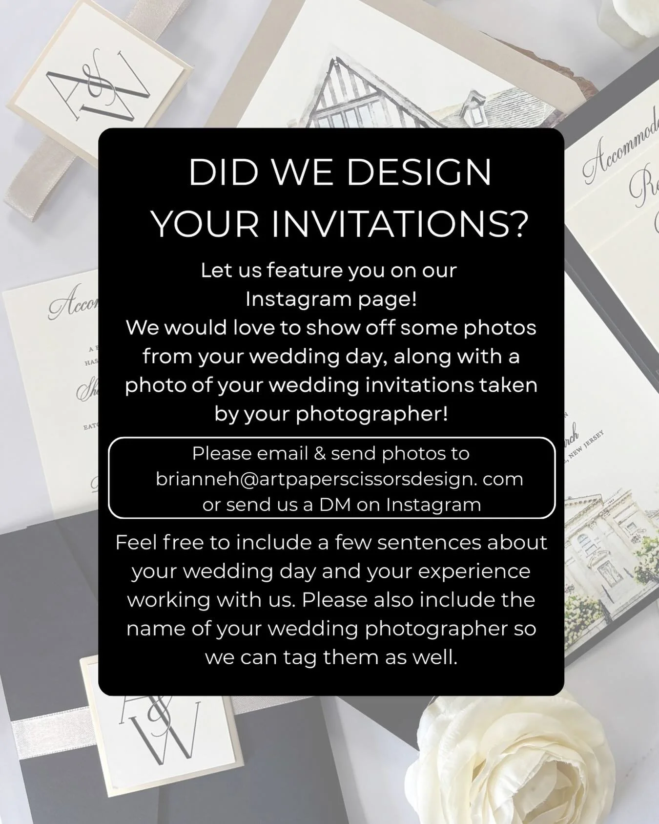 Calling all APS couples! 💌
If we designed your invitations, we&rsquo;d love to see your big day and feature you on our page! Send over a few wedding photos, an invite shot, and tell us a little about your wedding day and your experience working with