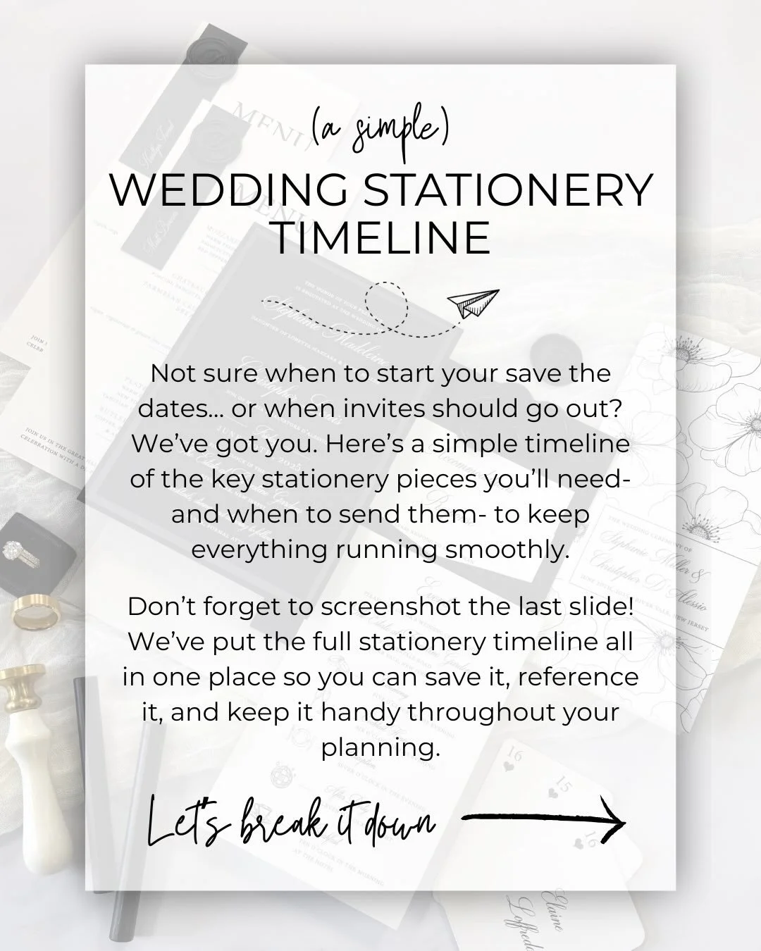 Planning your wedding stationery doesn&rsquo;t have to feel overwhelming.💌

From save the dates to thank you notes, having a clear timeline keeps everything seamless- for you and your guests.

We&rsquo;ve broken it all down so you know exactly what 