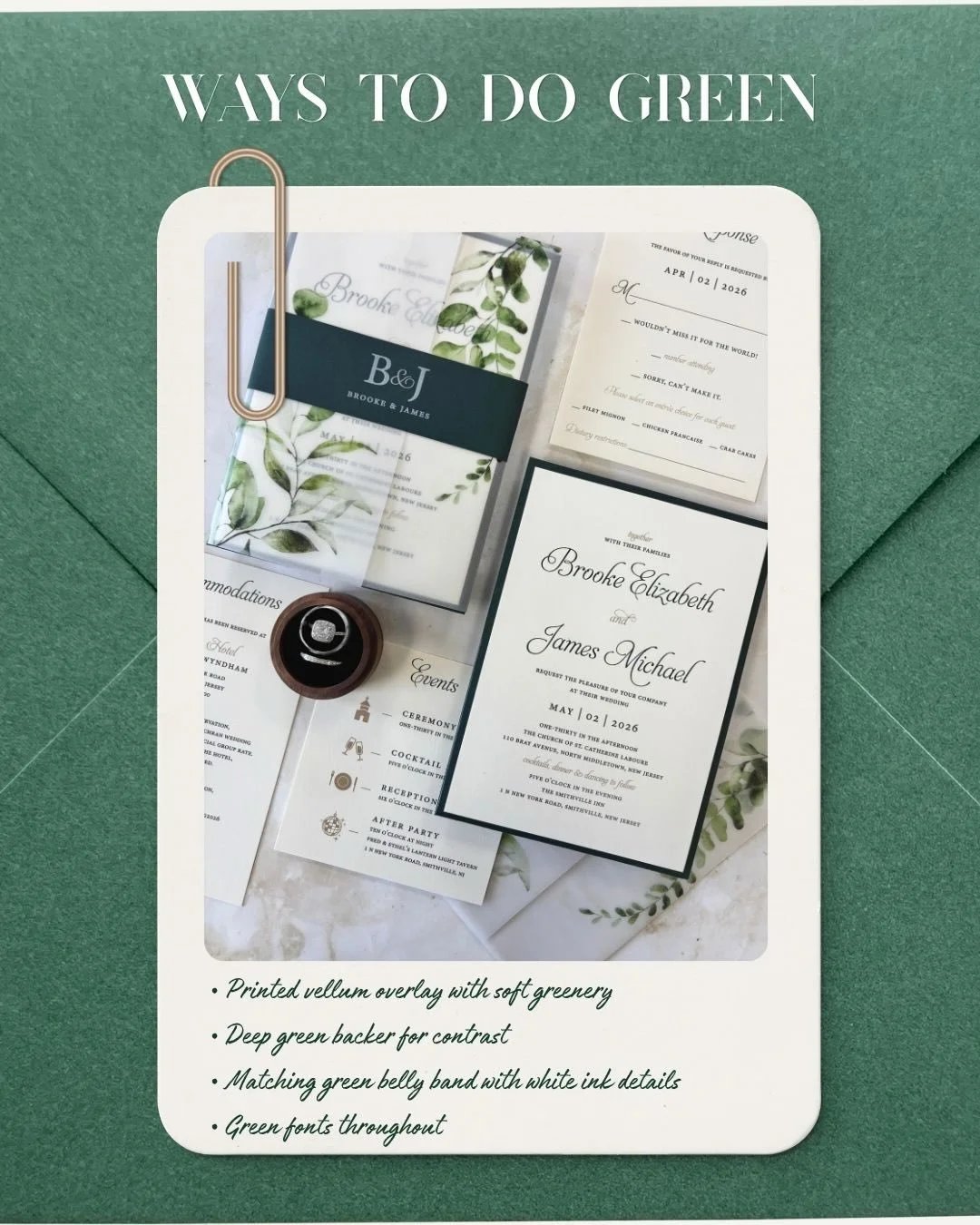 Ways to do green&hellip;🌿 From soft sage ribbons to deep emerald backers, green can completely transform the feel of a wedding invitation suite- whether you want something romantic, timeless, earthy, or modern. #wedding #weddinginvites #custominvite