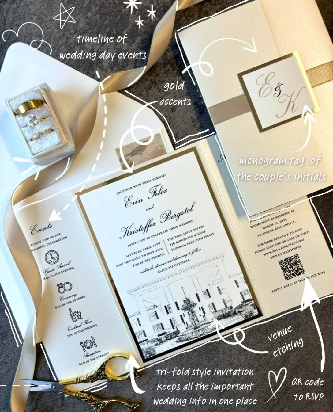 Every detail tells part of your story. 📖

From the custom venue illustration and wedding day timeline to the monogram tag and gold accents, this suite was thoughtfully designed to be as beautiful as it is functional.

If you could include one custom