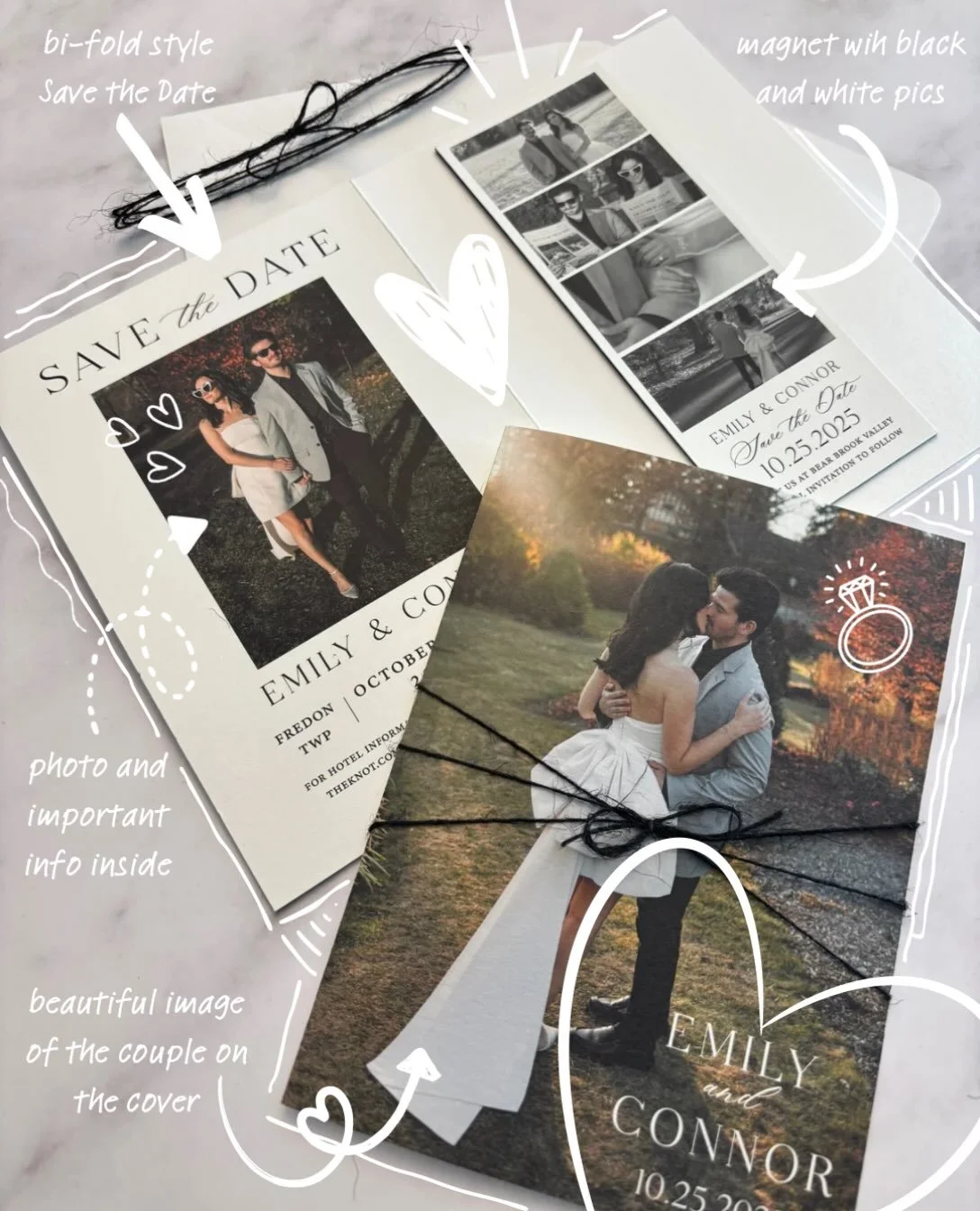 A Save the Date that does a little more. 

This bi-fold design opens to reveal all the important details, plus a black and white photo magnet your guests can pop right on the fridge. We love how the full color cover photo, soft neutral palette, and s