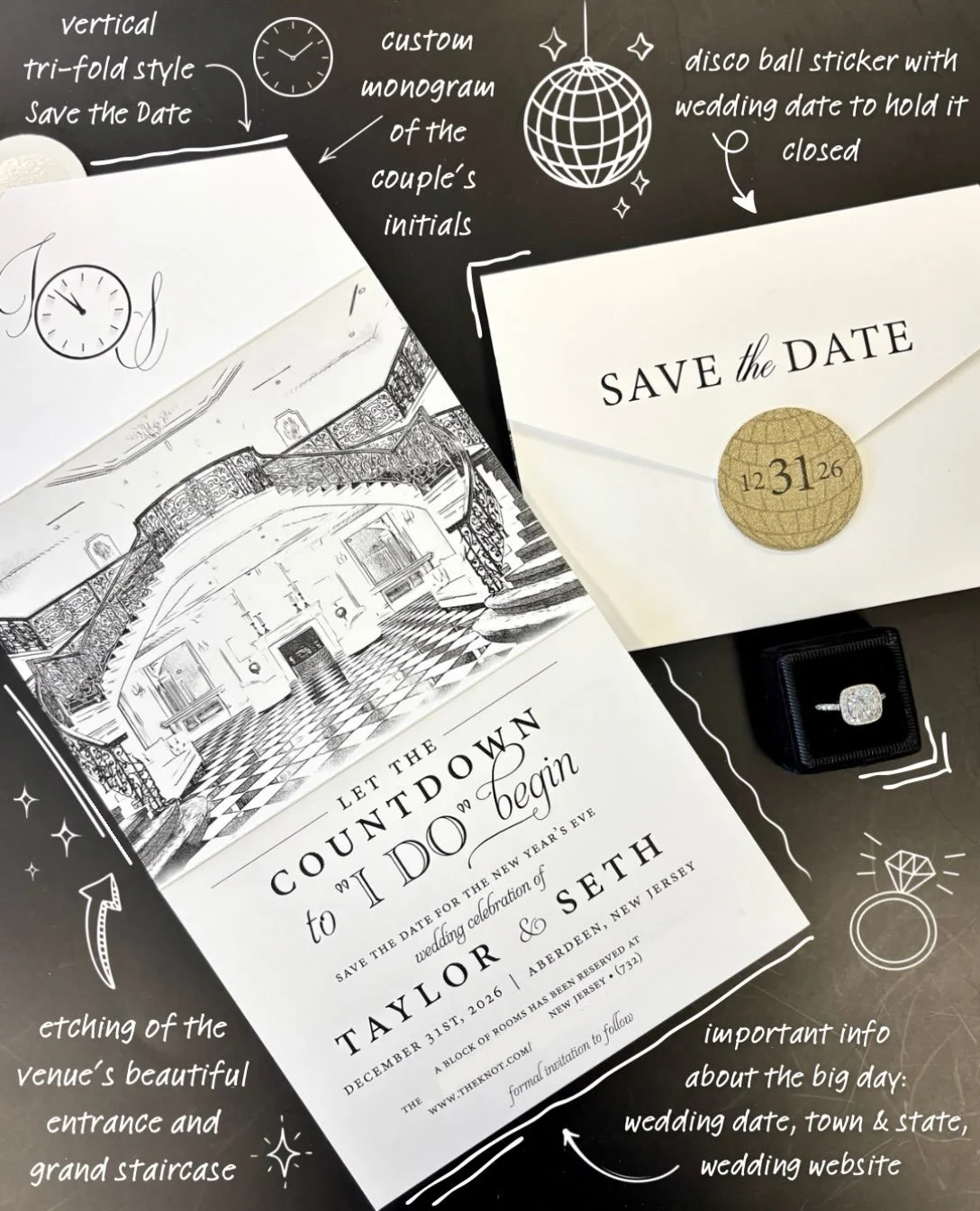 A New Year&rsquo;s Eve countdown&hellip; but make it wedding stationery.🎉

This custom Save the Date is packed with thoughtful details for a December 31st celebration- from the vertical tri-fold design and custom monogram to san etched illustration 