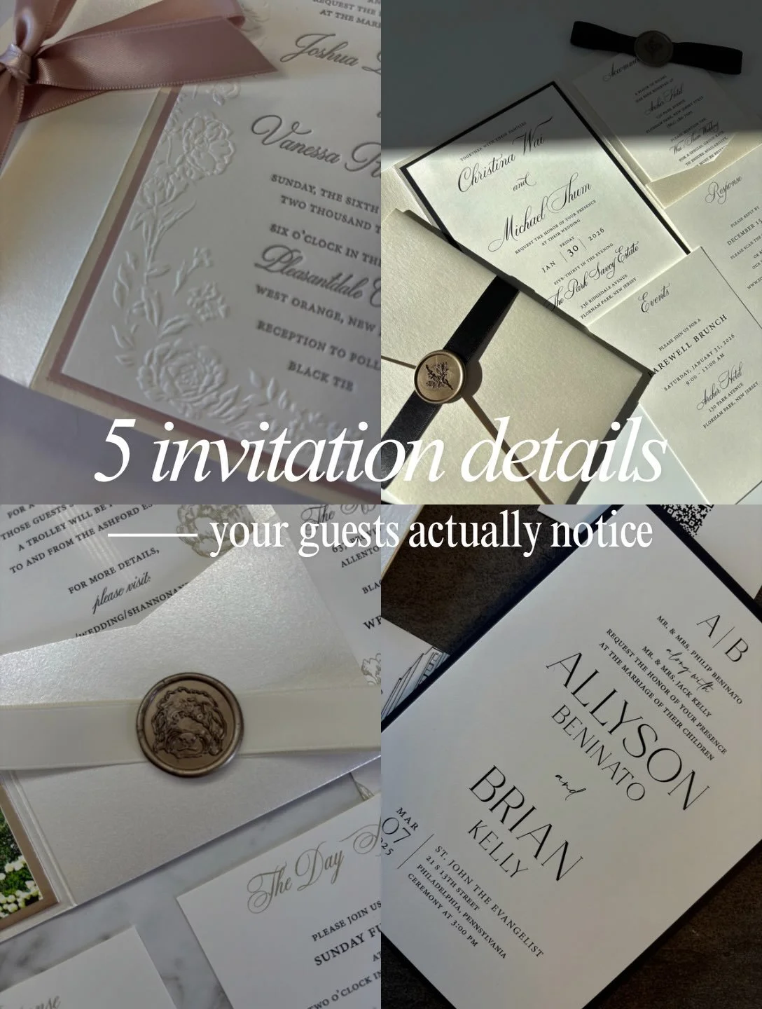 It&rsquo;s the little details that make an invitation suite feel truly special.❤️

From the paper and printing method to typography, finishing touches, and how everything comes together, we&rsquo;re breaking down 5 invitation details your guests will