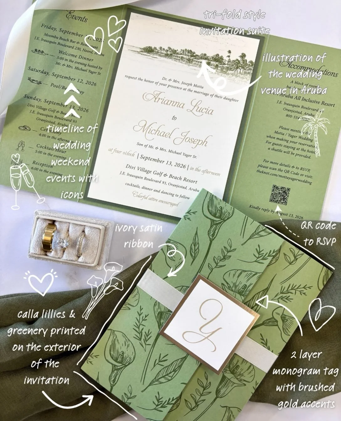 A little breakdown of this wedding invitation suite for a destination wedding.🌴

From the custom calla lily print and ivory satin ribbon to the two-layer monogram tag, venue illustration, weekend timeline and QR code RSVP- every little detail was de