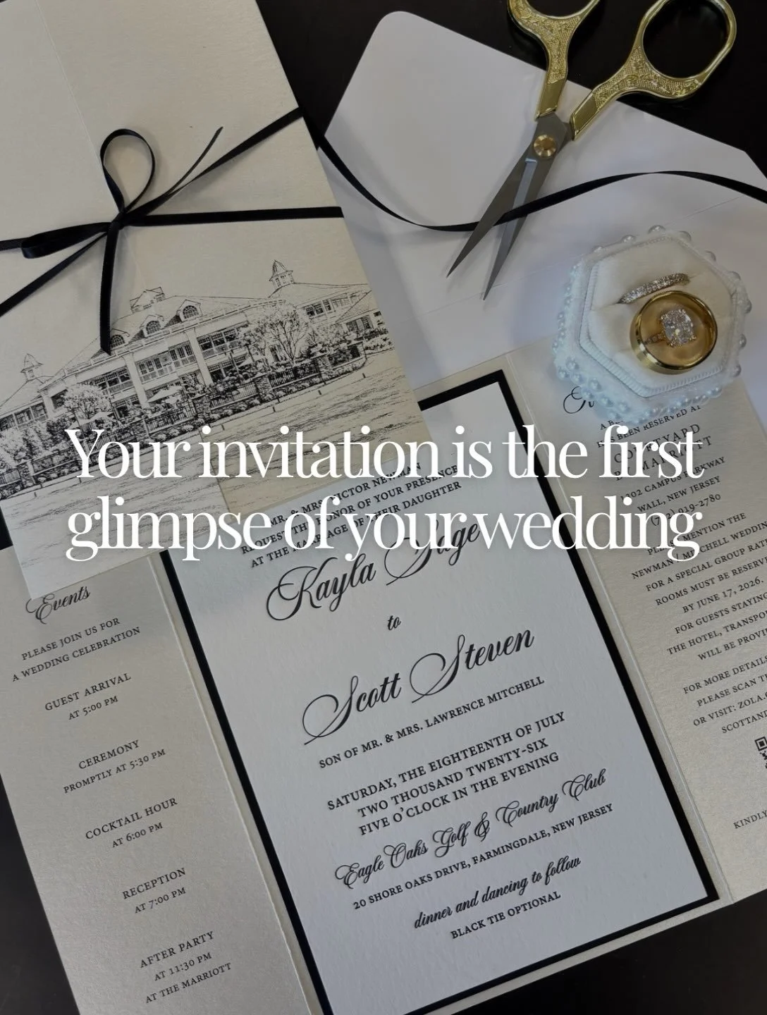 Before your guests see the venue, the flowers, the dress or the details, they see this.🥰

Your invitation sets the tone for everything that&rsquo;s coming and this classic black-and-white suite does exactly that. Custom venue artwork, elegant typogr
