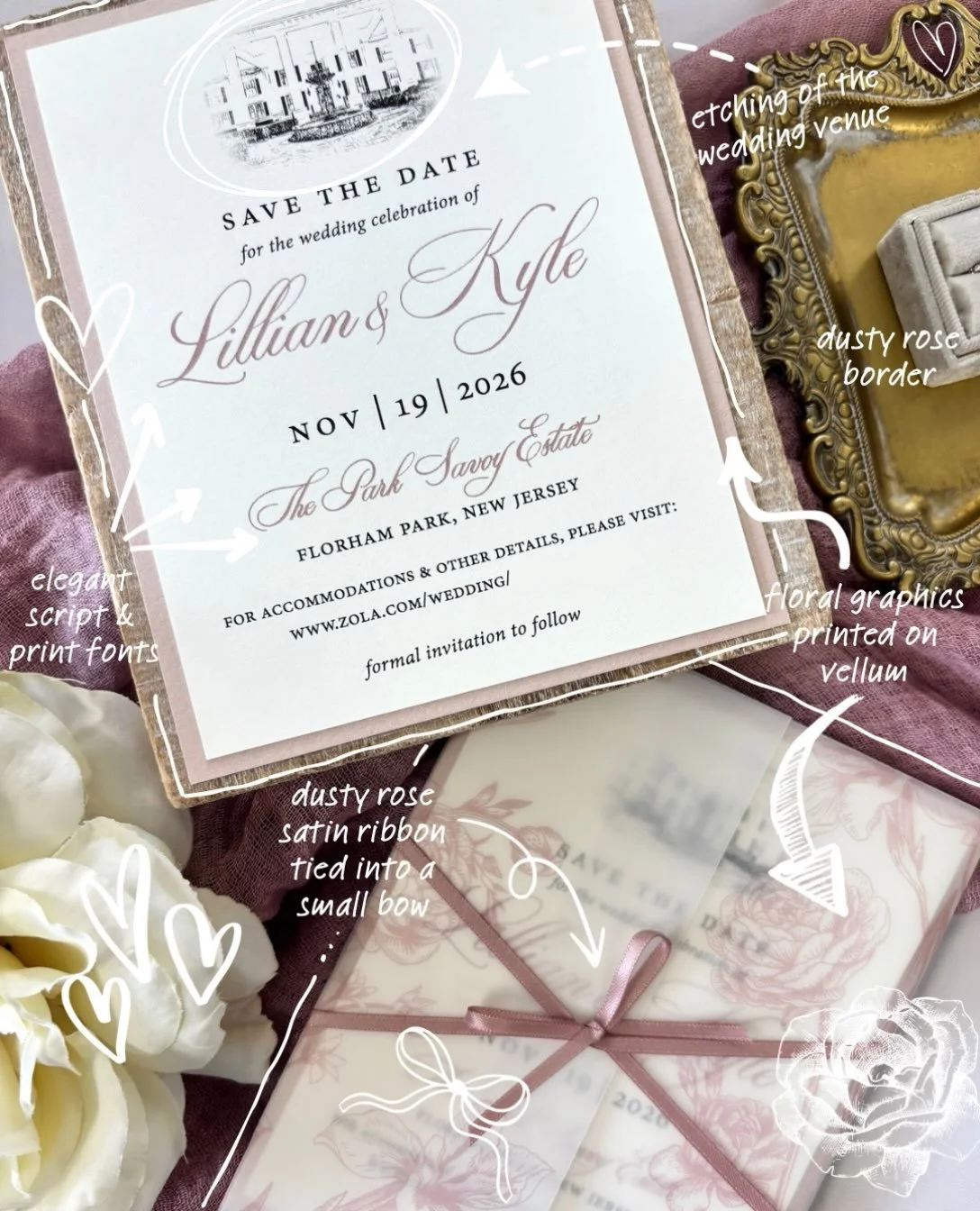 A little breakdown of this romantic save the date- from the custom venue etching and dusty rose border to the floral vellum wrap and delicate satin bow.🎀

Every layer, color and finishing touch works together to give guests a little glimpse of what&