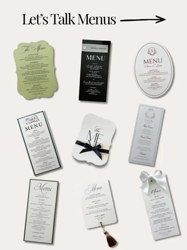 Let&rsquo;s talk menus! 🍽️

From classic designs to fun shapes, ribbons, tassels, and personalized details, your menus can be so much more than just a list of courses.

At Art Paper Scissors, we love bringing all those little details together to cre