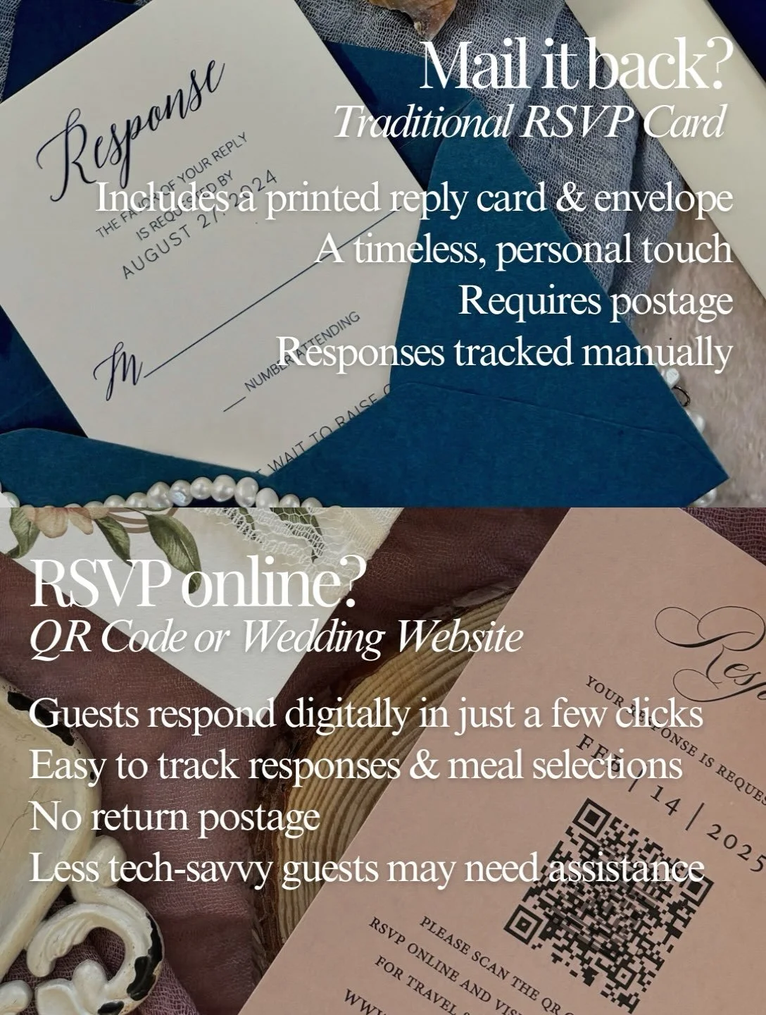 When it comes to wedding invitations, even the way your guests RSVP can reflect your wedding style. 💌

Traditional RSVP Cards bring a timeless, personal touch. There&rsquo;s something special about receiving those little reply cards in the mail!

Di