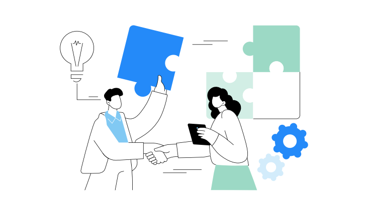 Clip art style line drawings of a man and a woman shaking hands. Puzzle pieces, gears, and a lightbulb float in the background