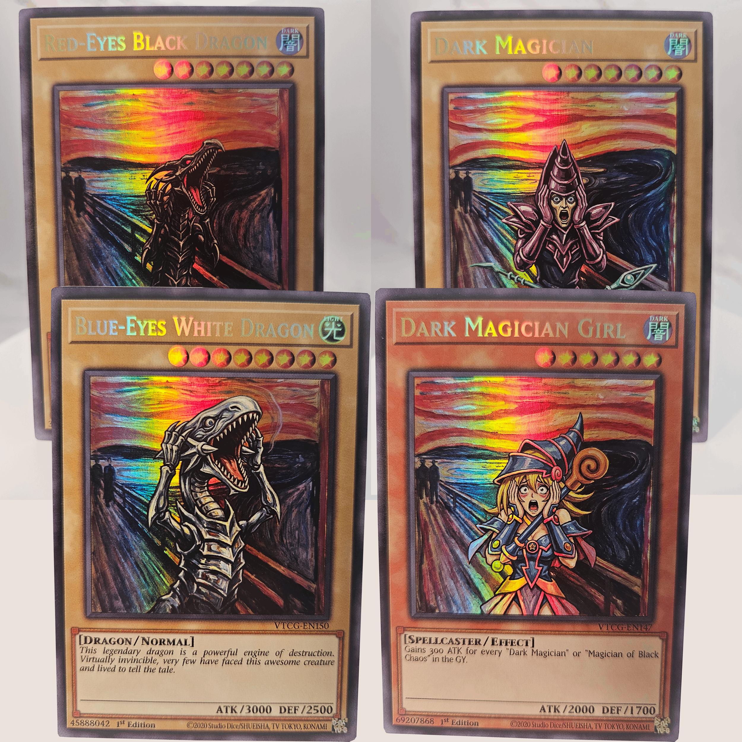 Set: "The Scream" Custom Alternate Artworks - Blue-Eyes White + Dark Magician + Girl + Red-Eyes Black Dragon (Edvard Munch)