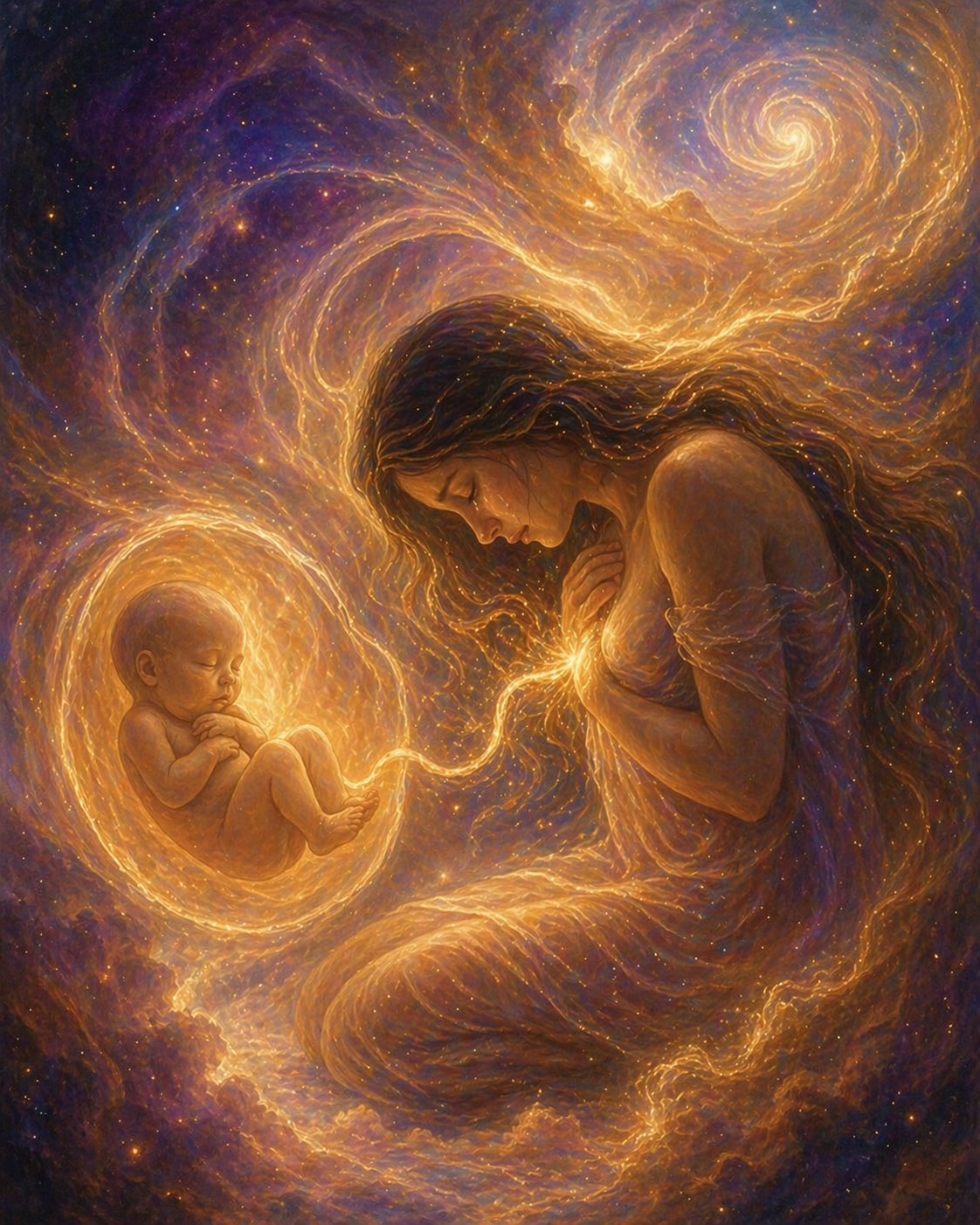 Dibujo de un bebé en el espacio, rodeado de un remolino de colores azul, rosa y violeta con estrellas.