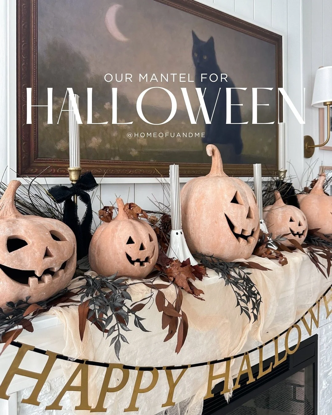 A few stills of our Halloween mantel this year 🤎🍂🎃 Styled with my favorite @potterybarn pumpkins that make an appearance year after year, a mix of fall foliage, Halloween art on our Frame TV, and the black and white candles I shared back in Septem