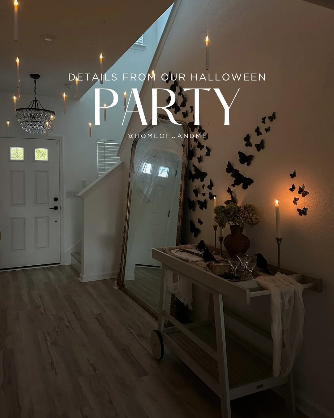 Halloween party recap from the weekend 🎃🕷️ From fun themed charcuterie boards, the cutest pumpkin shaped cheeseball my friend Lindsey @skinbarjax made, to floating candles, spider webs, and creepy cloth draped over the chandelier, every little deta