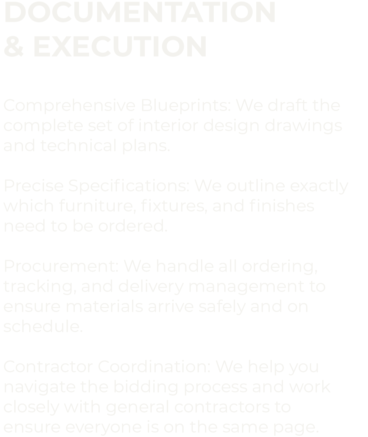Text explaining services related to documentation and execution, including blueprint drafting, specifications, procurement, and contractor coordination.