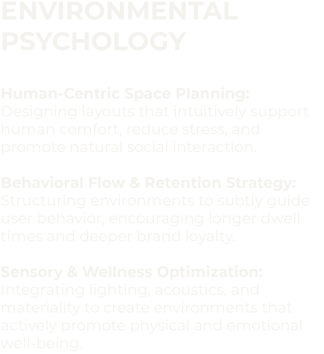 Text discussing the integration of environmental psychology in space planning, focusing on human-centric design, behavioral strategies, and wellness optimization.