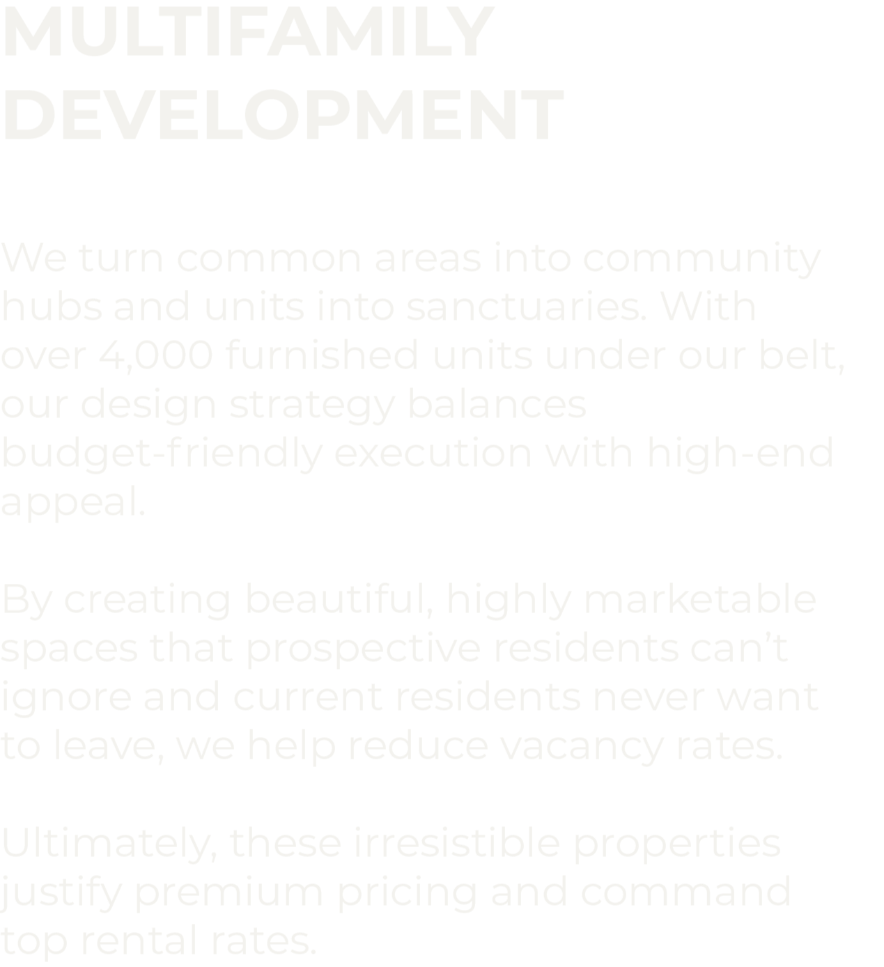 Text about multifamily development and community spaces, emphasizing design strategy, affordability, and marketability.