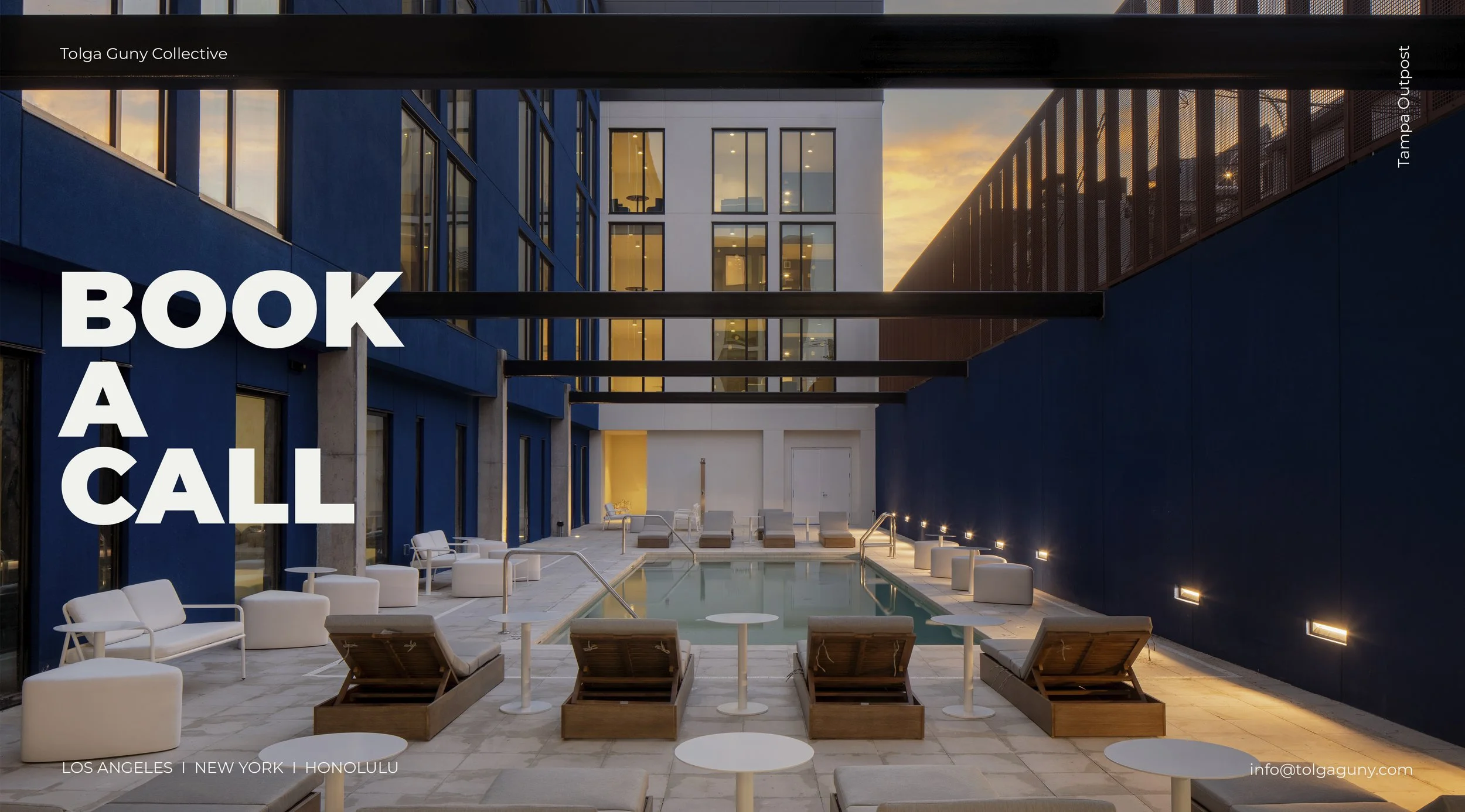 A modern outdoor pool area at sunset with white lounge chairs, white tables, and a blue building in the background. Text overlay reads 'Book a Call' and lists locations Los Angeles, New York, and Honolulu.