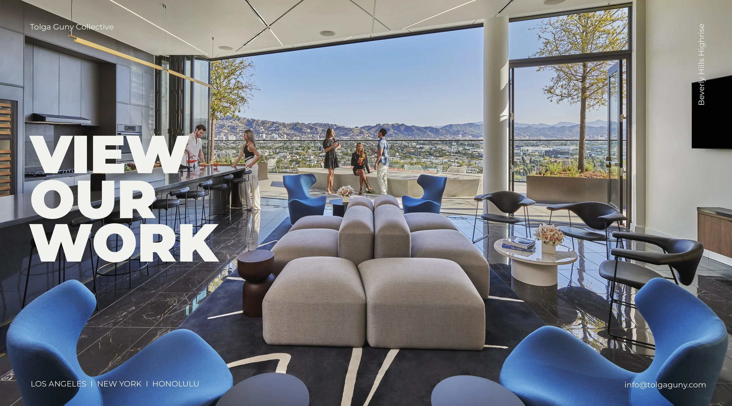 Modern living room and outdoor terrace with city view, people socializing, bright natural light, sleek furniture, large windows, and open space.