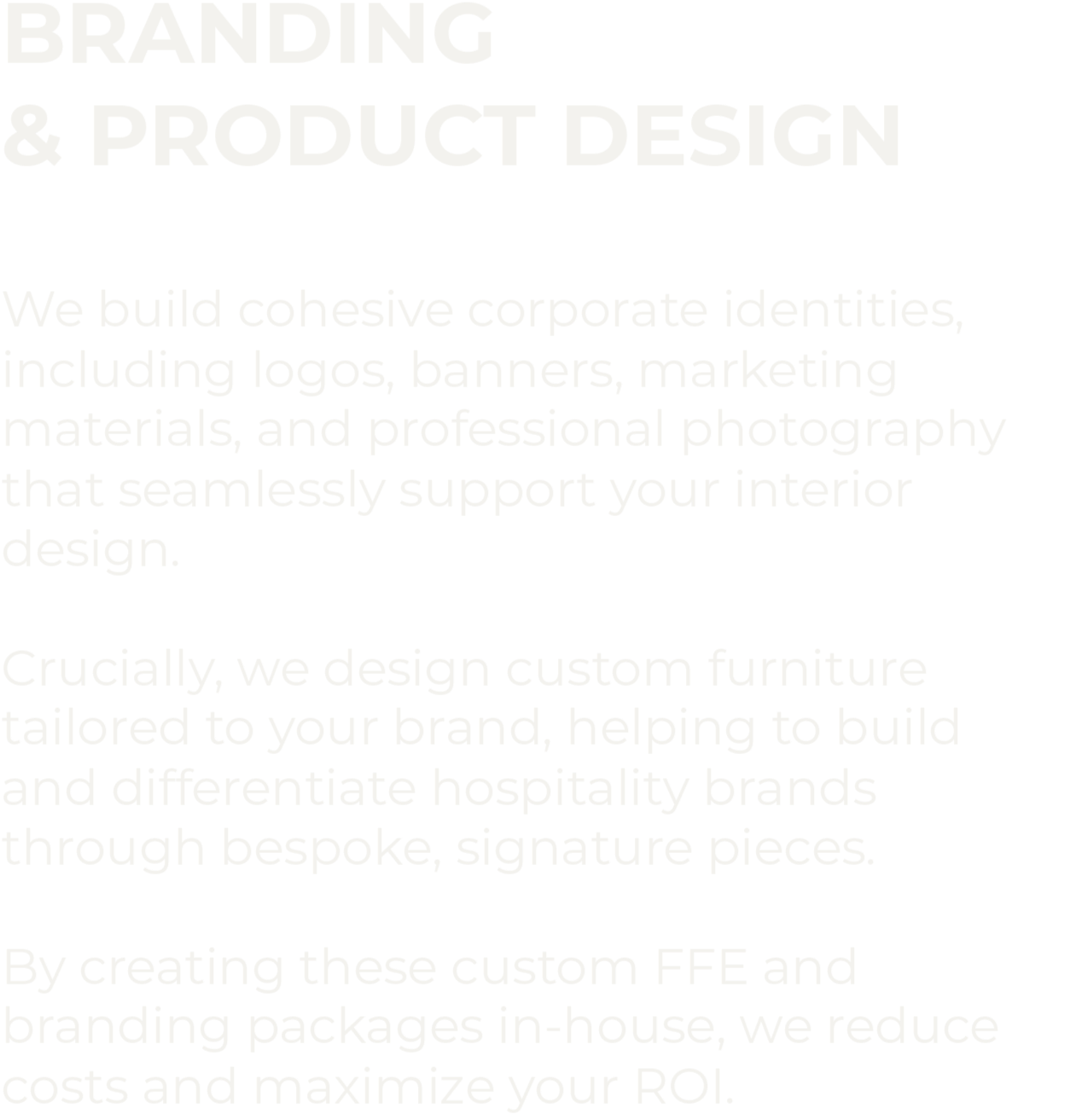 Text from a digital graphic promoting branding and product design services, with large bold heading and smaller paragraph text on a black background.