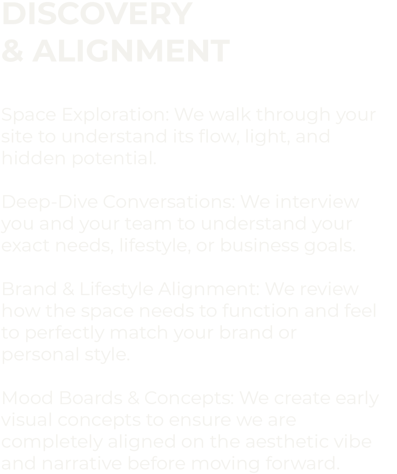 Text outlining services related to space exploration, brand alignment, mood boards, and deep-dive conversations for understanding site and business needs.