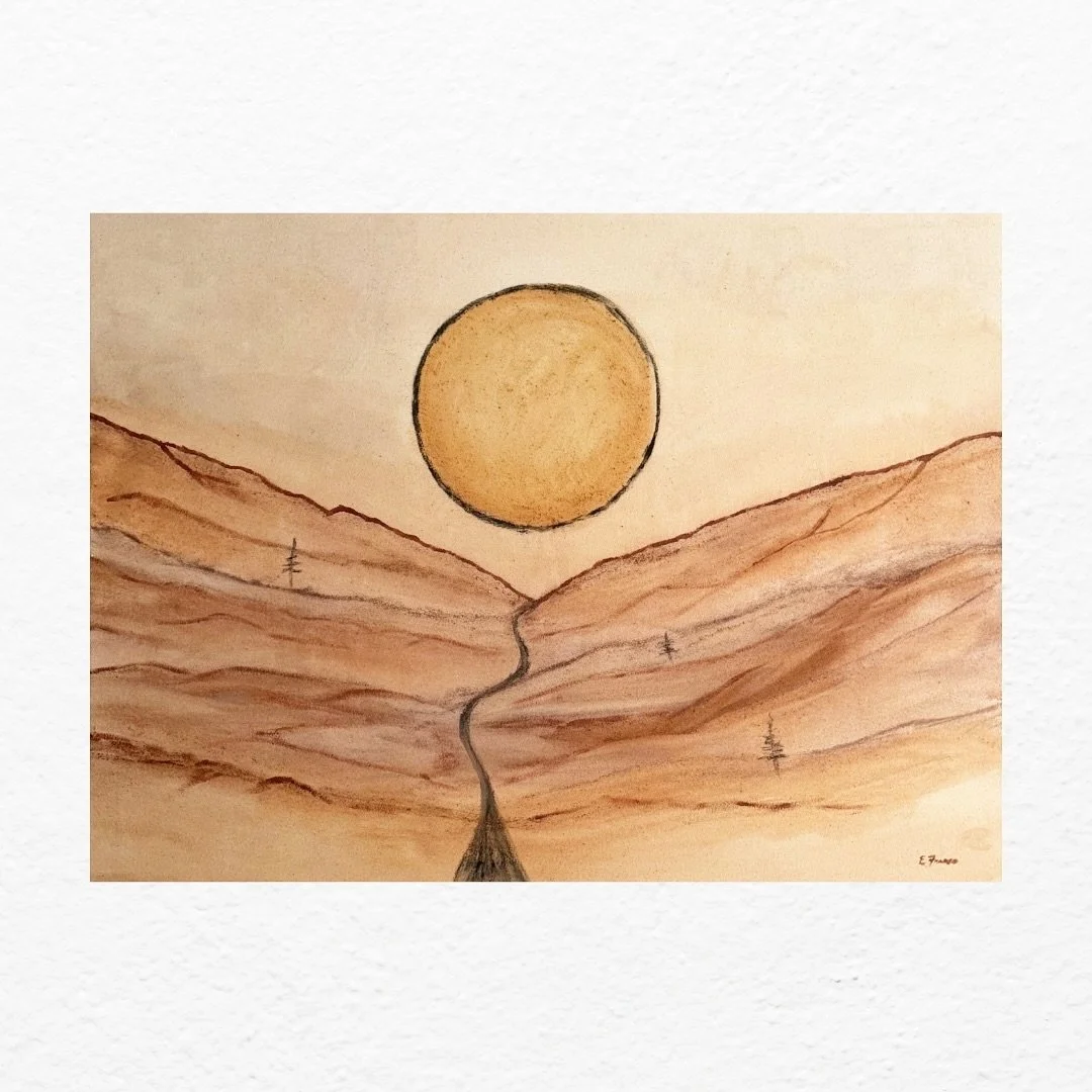 &ldquo;At the End of the Valley&rdquo;
30x40&rdquo; 
Earth pigments and natural charcoal on raw canvas 

A tribute to the moments in which we face hardship and may feel lonely and unsupported but when we look up a light will always be above us guidin