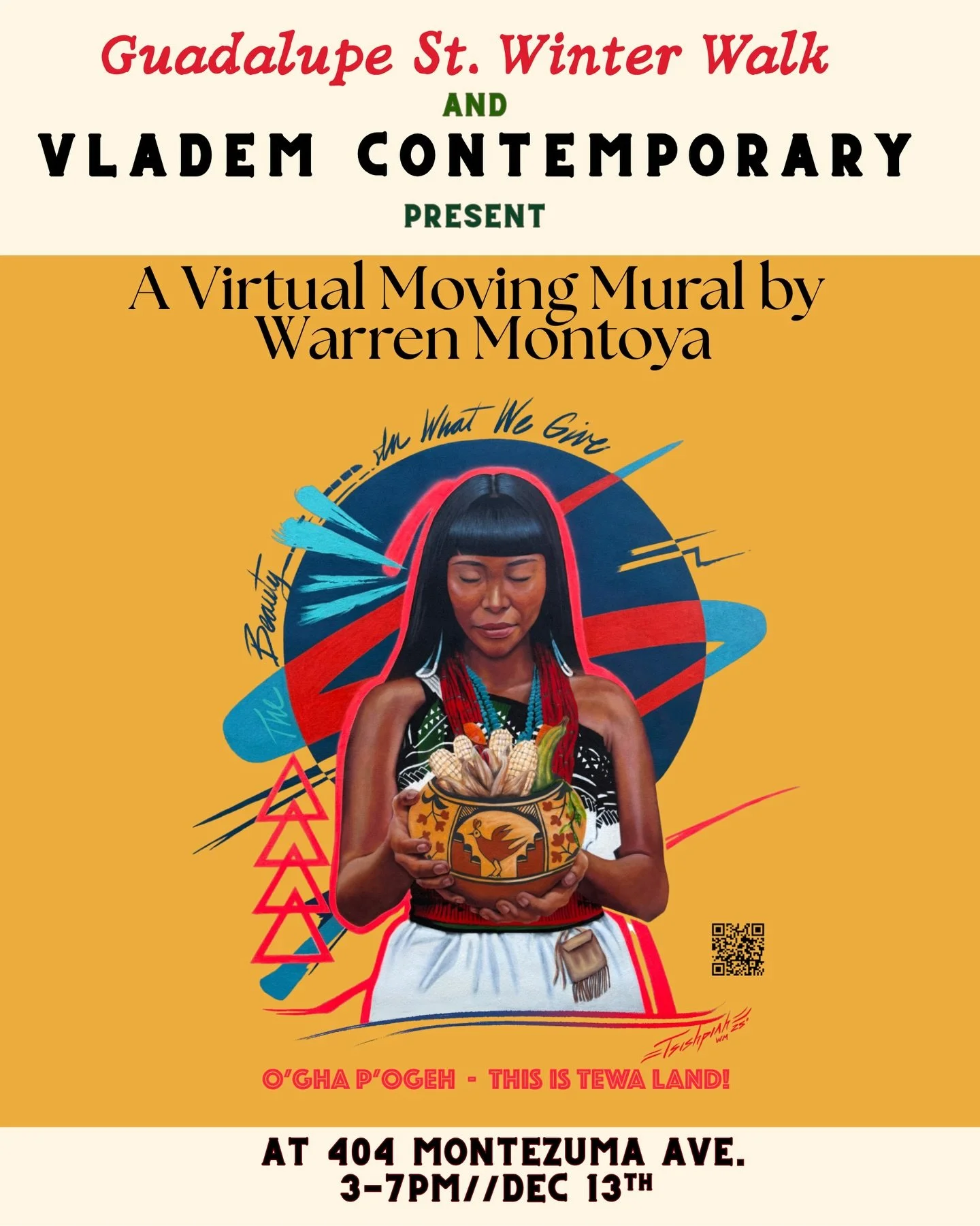 This beautiful interactive mural using Augmented Reality incorporating audio and video will be projected on the Vladem Contemporary (@newmexicoartmuseum ) this Saturday on the Guadalupe St. Winter Walk. 

Created and produced by Warren Montoya (@warr