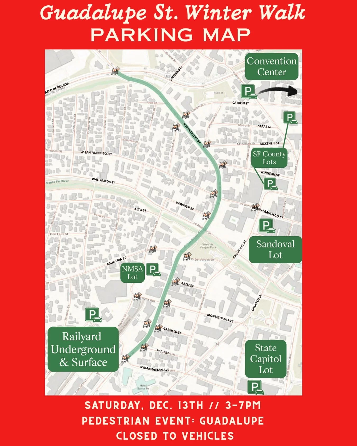 Here are all the places to park for the Guadalupe Winter Walk! Park and walk the walk!
Also, @bike.santafe will be hosting a bike valet in the lot across from De Vargas Park!