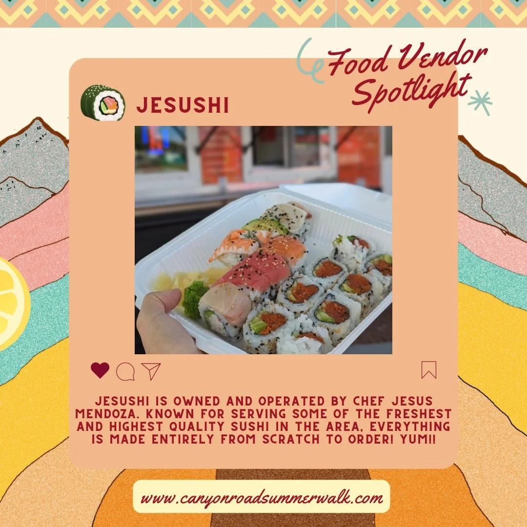 FOOD VENDOR SPOTLIGHT
@jesussushiisantafe 

Come out and grab a delicious sushi roll as you wander all that Canyon Road has to offer!! Wednesday July 1, 5-8p 🌞

If you&rsquo;ve never tried @jesussushiisantafe you&rsquo;re missing out!! It&rsquo;s se