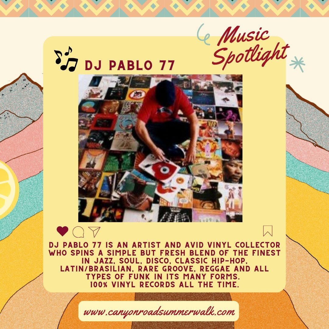 Come and dance your way up Canyon!! 🎶🕺🪩 WED, JULY 1st, 5-8p. Groove to the sounds of @pablo.a.77 - always spinning the very best in jazz, soul, disco, classic hip-hop, Latin/brasilian, rare groove, reggae and all types of funk in its many forms. 1