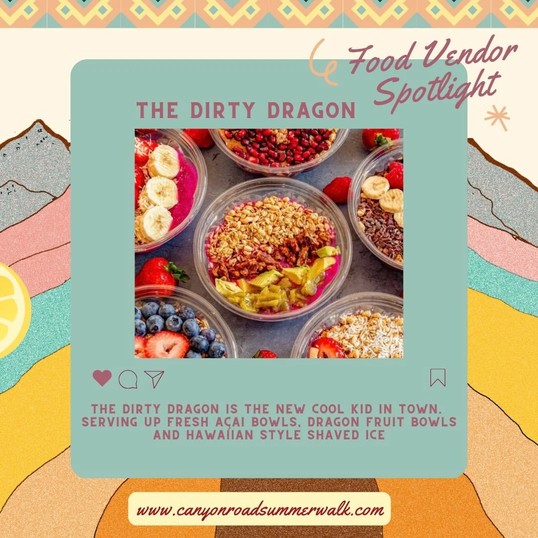 FOOD VENDOR SPOTLIGHT 
@thedirtydragonsf 

There&rsquo;s a new kid in town!! @thedirtydragonsf brings fresh delicious offerings to our Canyon Road walks! 

Specializing in fresh a&ccedil;ai bowls, dragon, fruit bowls, and Hawaiian style shaved ice. T