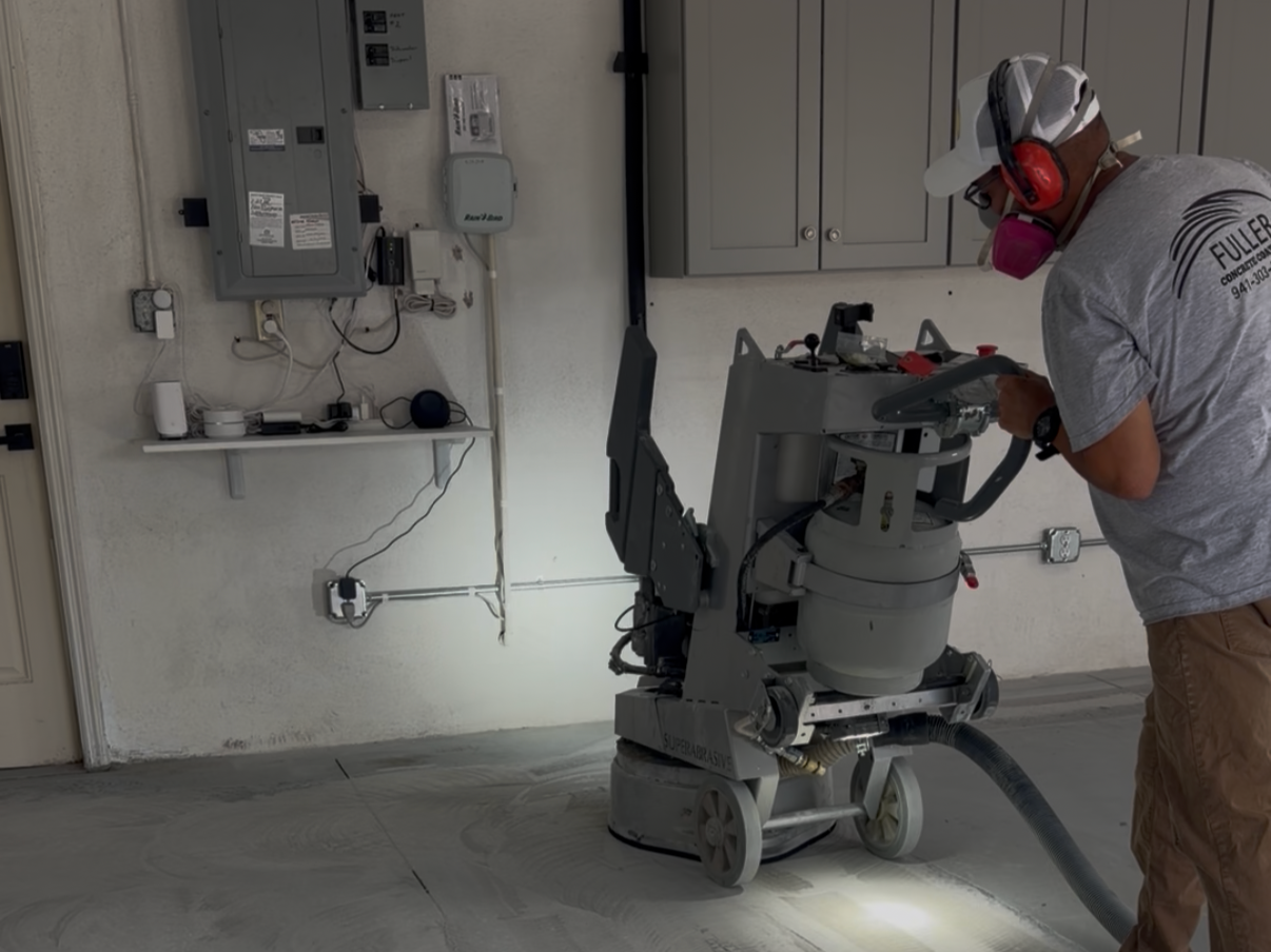 Professional diamond grinding concrete preparation for garage floor coating in Englewood FL