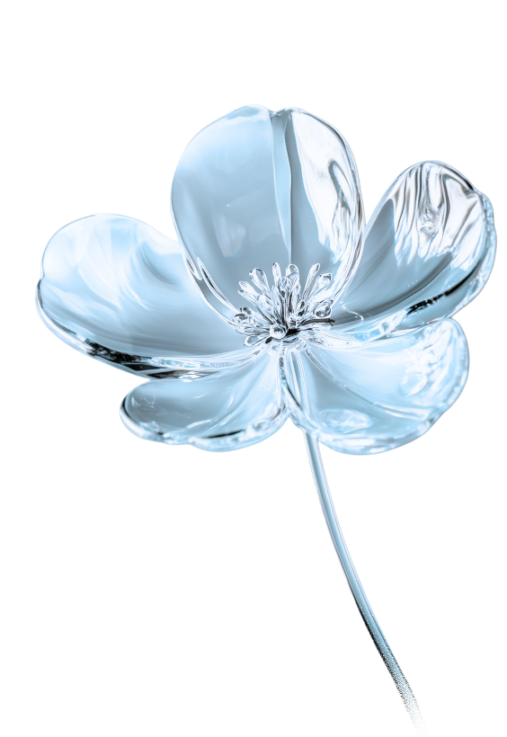 A metallic, reflective flower with five petals and a detailed center, resembling a silver or chrome flower sculpture.